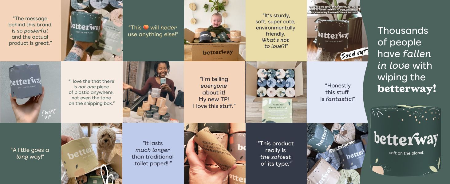 Showcases positive customer feedback to build trust and credibility for the Betterway brand. Highlights multiple product benefits like environmental friendliness, softness, and durability to…