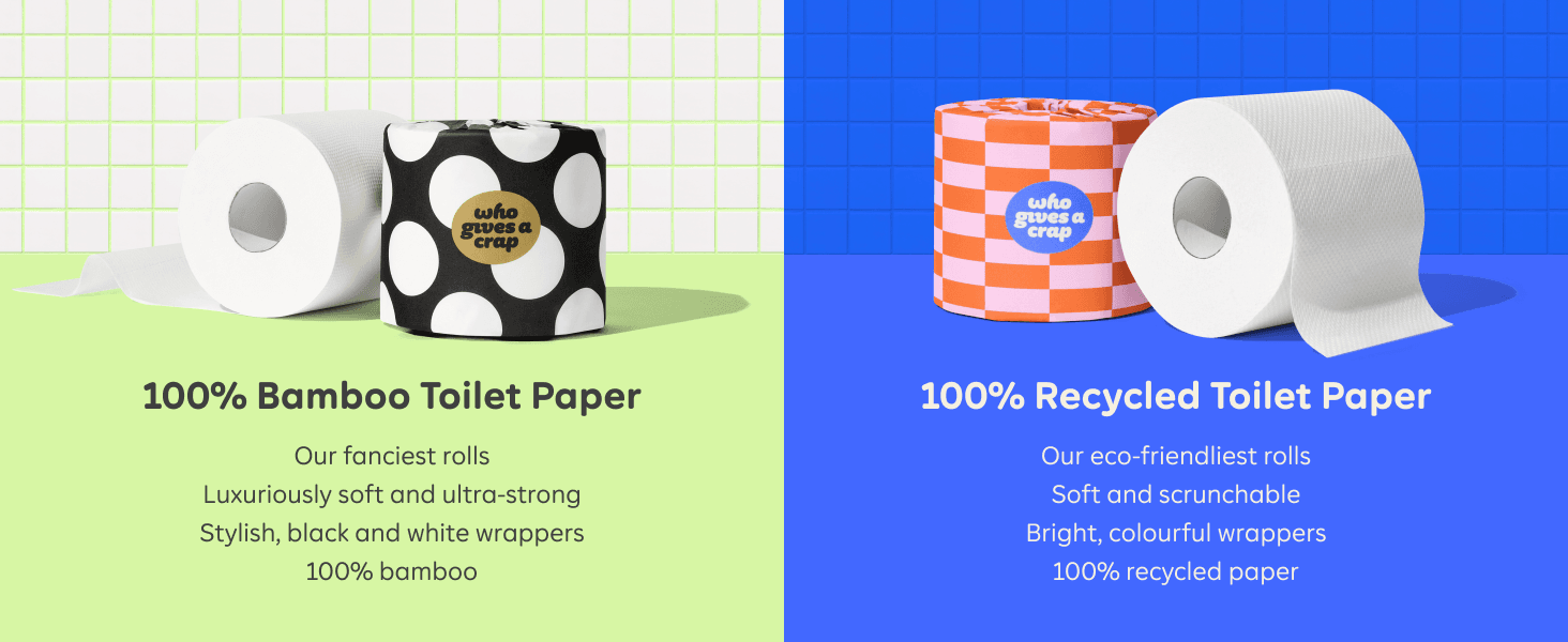 Compares two toilet paper options to highlight the different features and benefits of each, helping shoppers choose between bamboo and recycled paper products.
