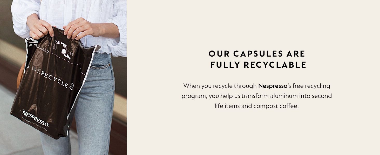 Communicates that the capsules are fully recyclable through Nespresso's program, emphasizing environmental responsibility and encouraging participation in the recycling initiative.