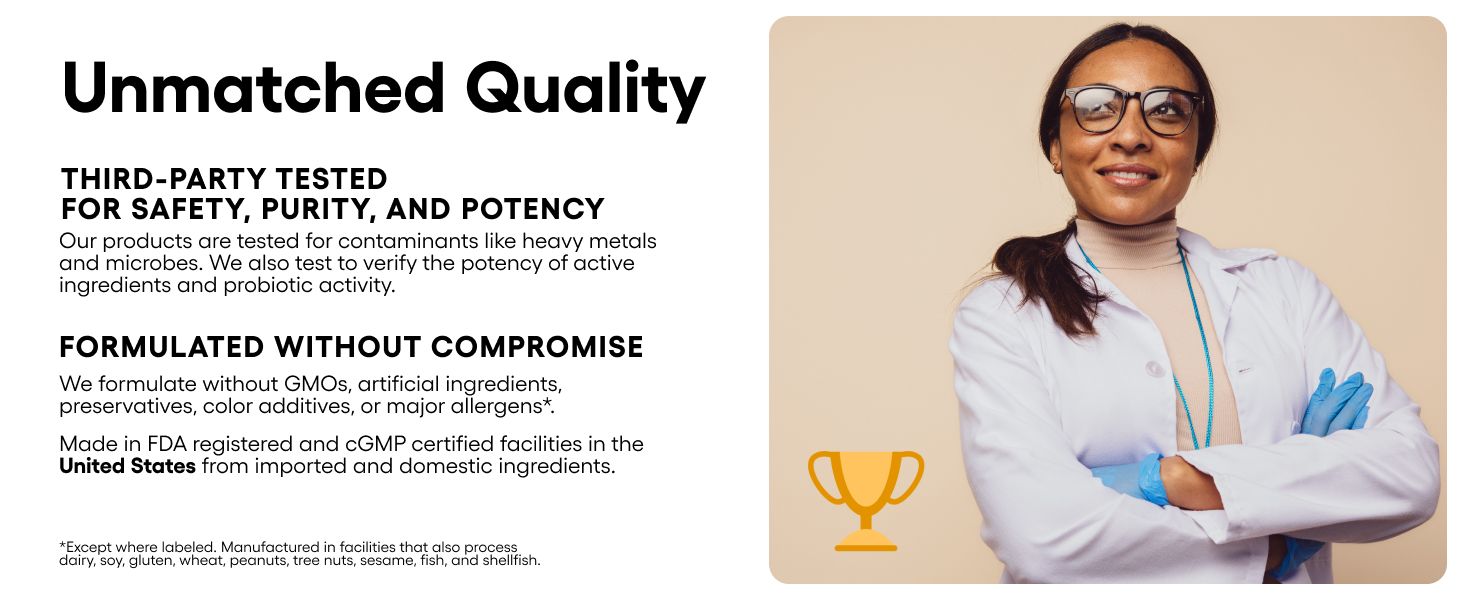 Reassures shoppers about product safety, purity, and quality through third-party testing claims and manufacturing certifications. Highlights multiple quality and safety benefits in a segmented text…