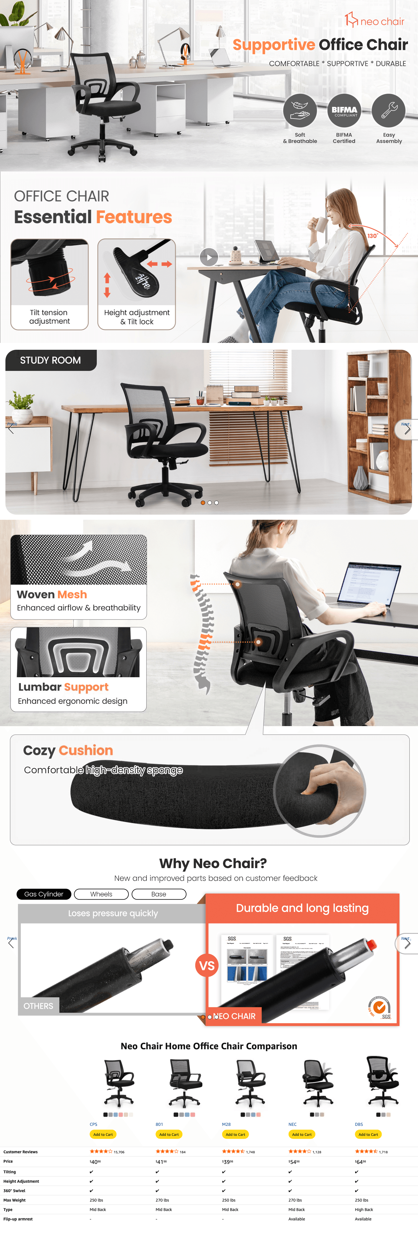Amazon.com: NEO CHAIR Office Desk Computer Chair Ergonomic Mesh Gaming Mid Back Seat…: A+ Premium