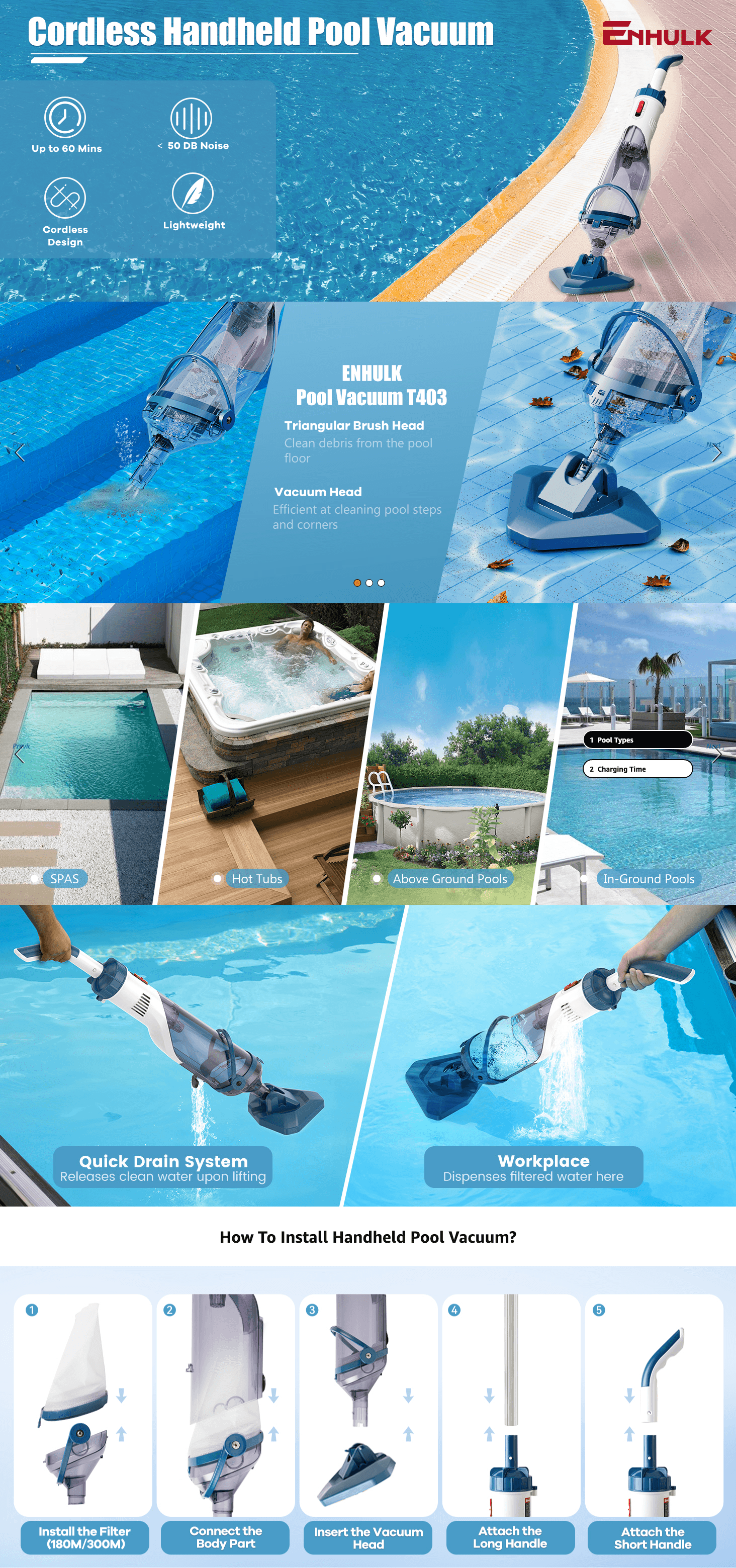 Amazon.com : Pool Vacuum for Above Ground Pool with a Telescopic Pole: A+ Premium