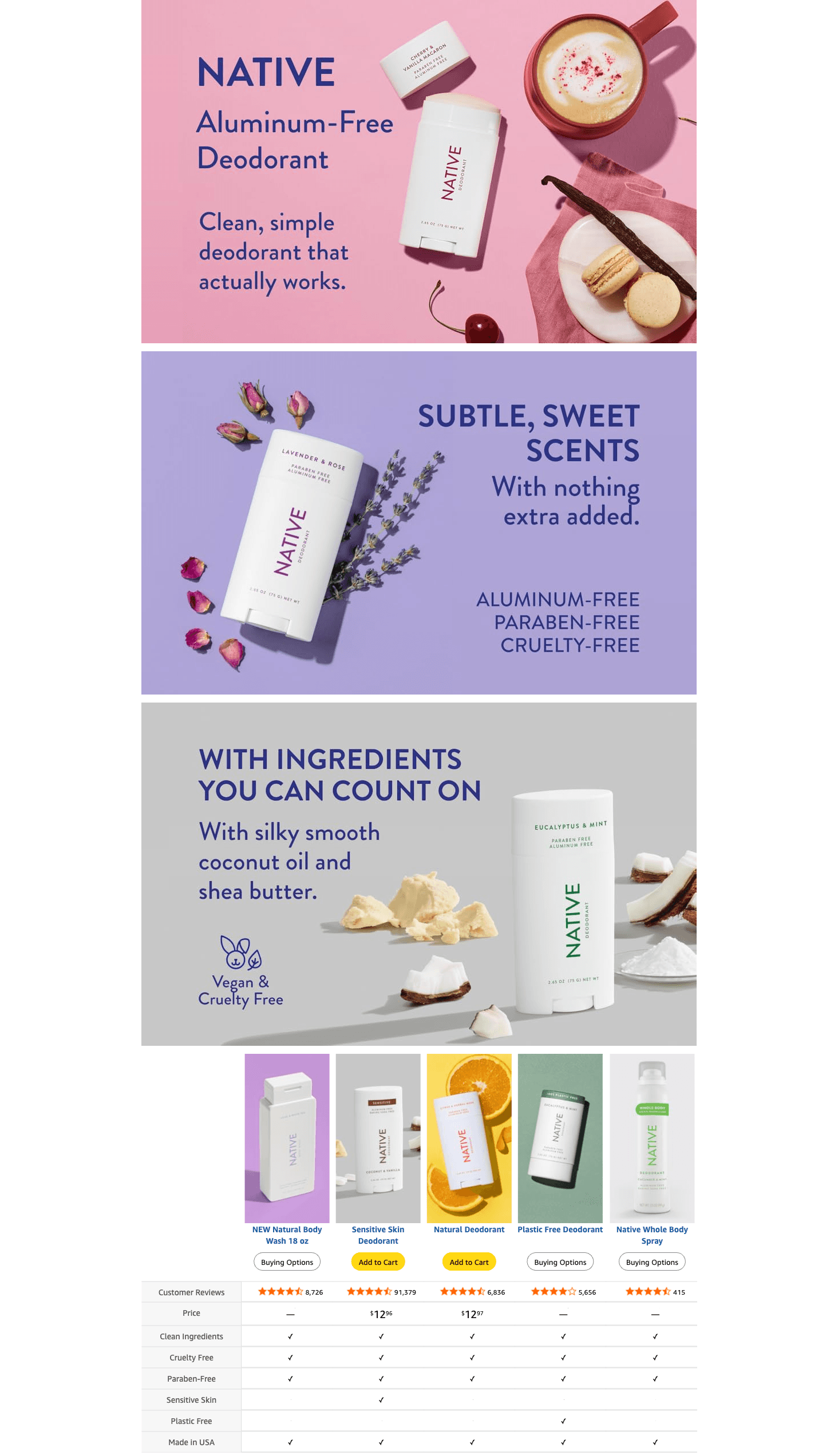 A+ Premium for Amazon.com : Native Deodorant Contains Naturally Derived Ingredients