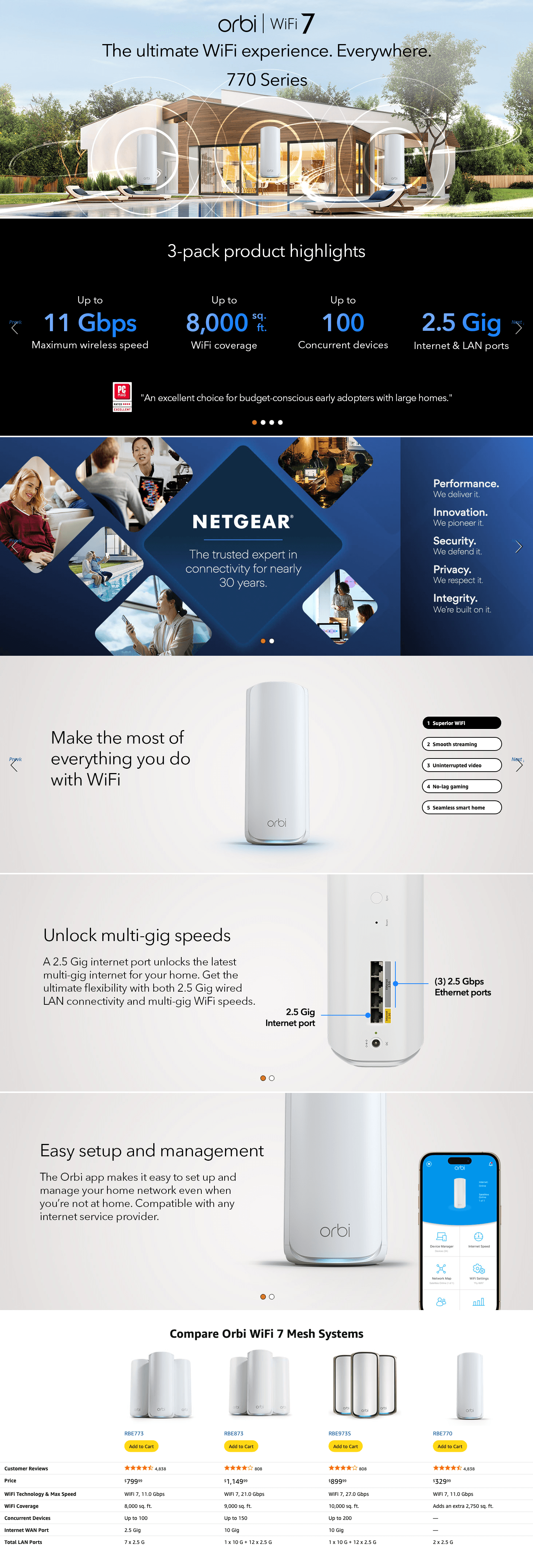 Amazon.com: NETGEAR Orbi 770 Series Tri-Band WiFi 7 Mesh Network System (RBE773): A+ Premium