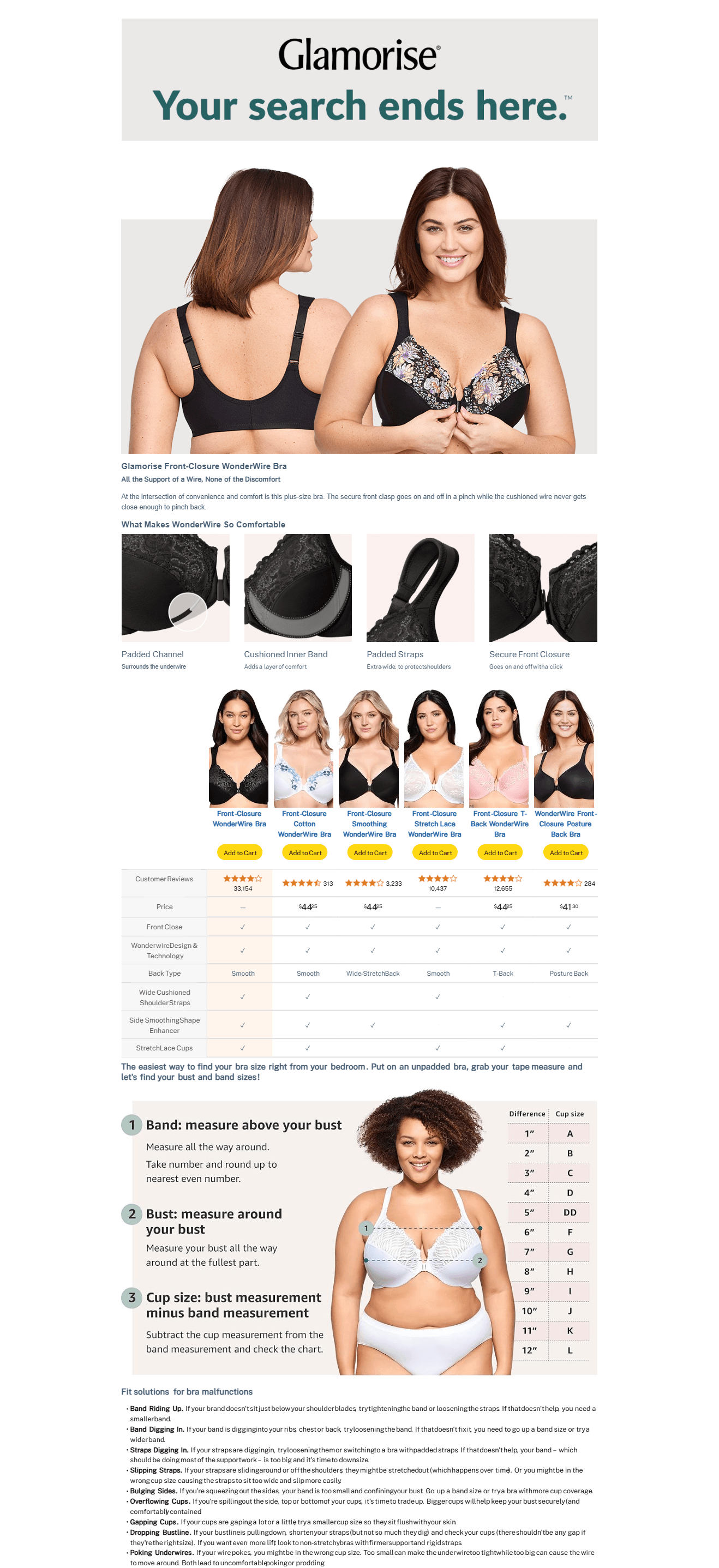 A+ Premium for Glamorise Full Figure Plus Size Wonderwire Front-Closure Bra Underwire #1245 Black at…