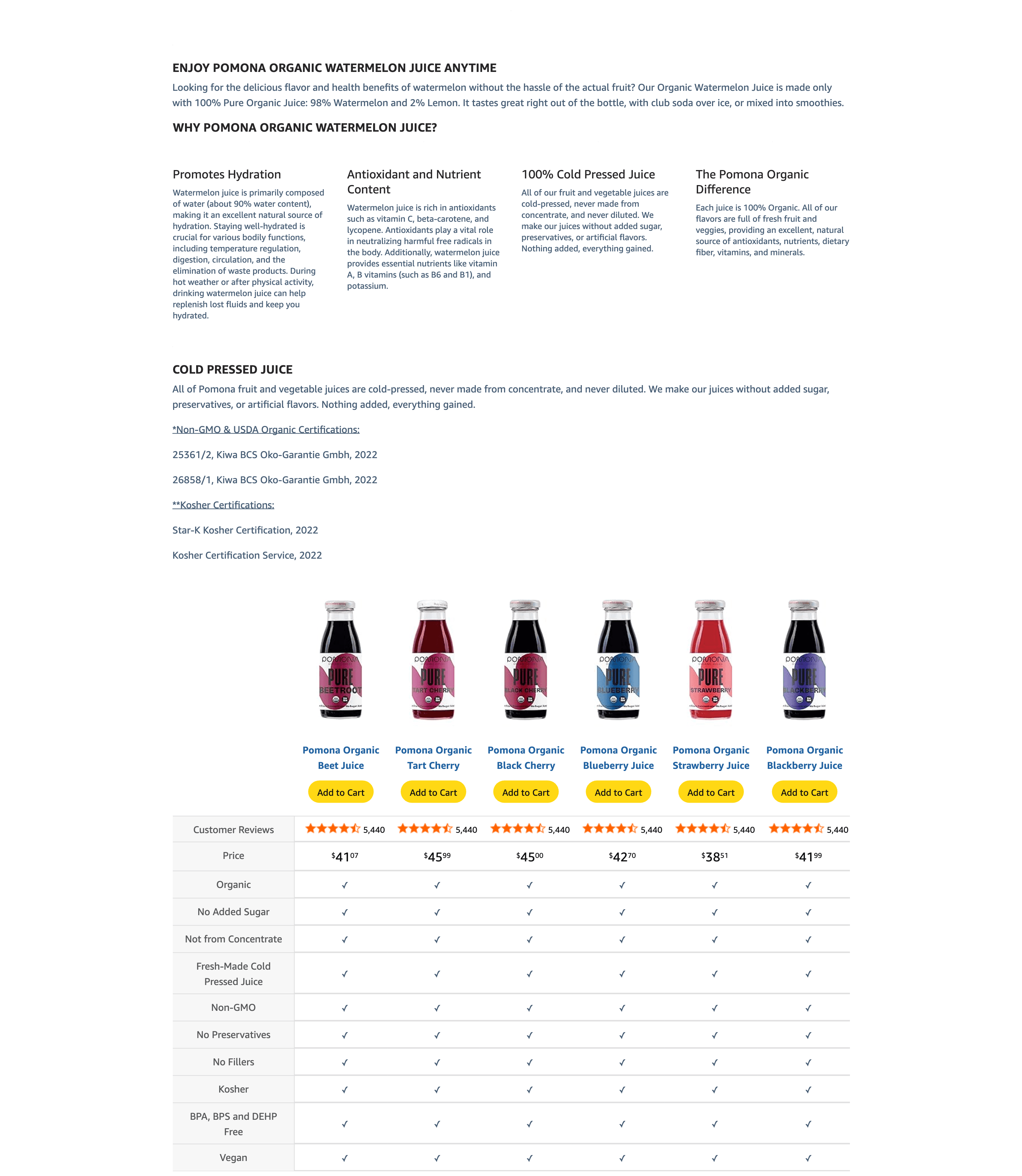 Amazon.com : Pomona Organic Juices Pure Watermelon Juice: A+ Premium