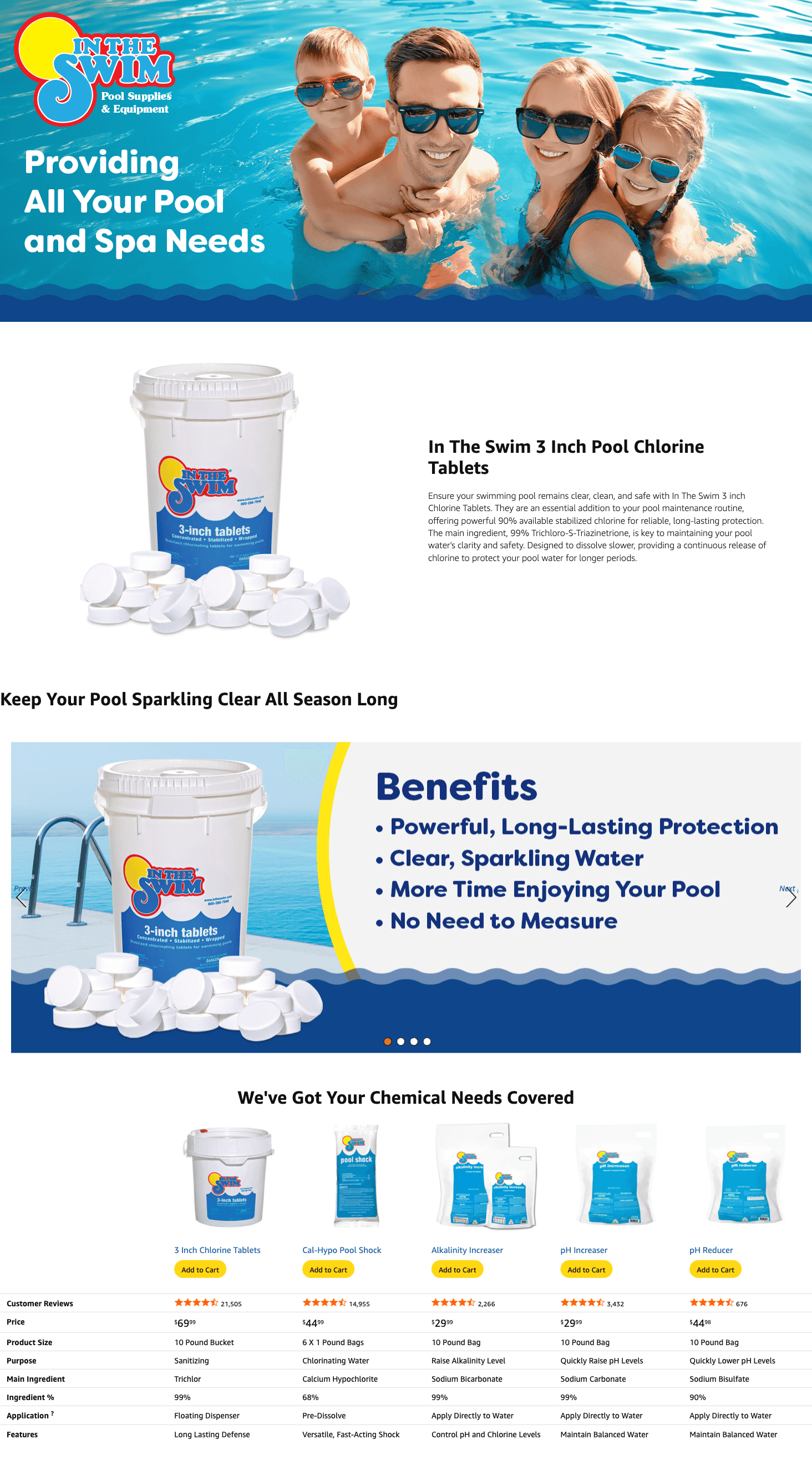 Amazon.com : In The Swim 3 Inch Stabilized Chlorine Tablets for Sanitizing Swimming Pools: A+ Premium