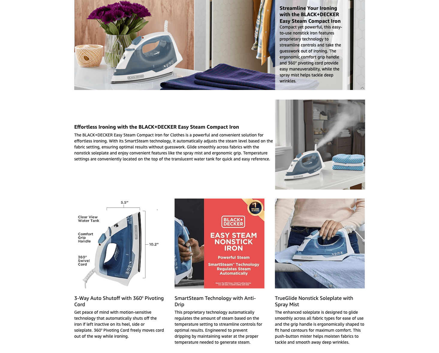 Amazon.com: BLACK+DECKER Easy Steam Compact Iron for Clothes: A+ Premium