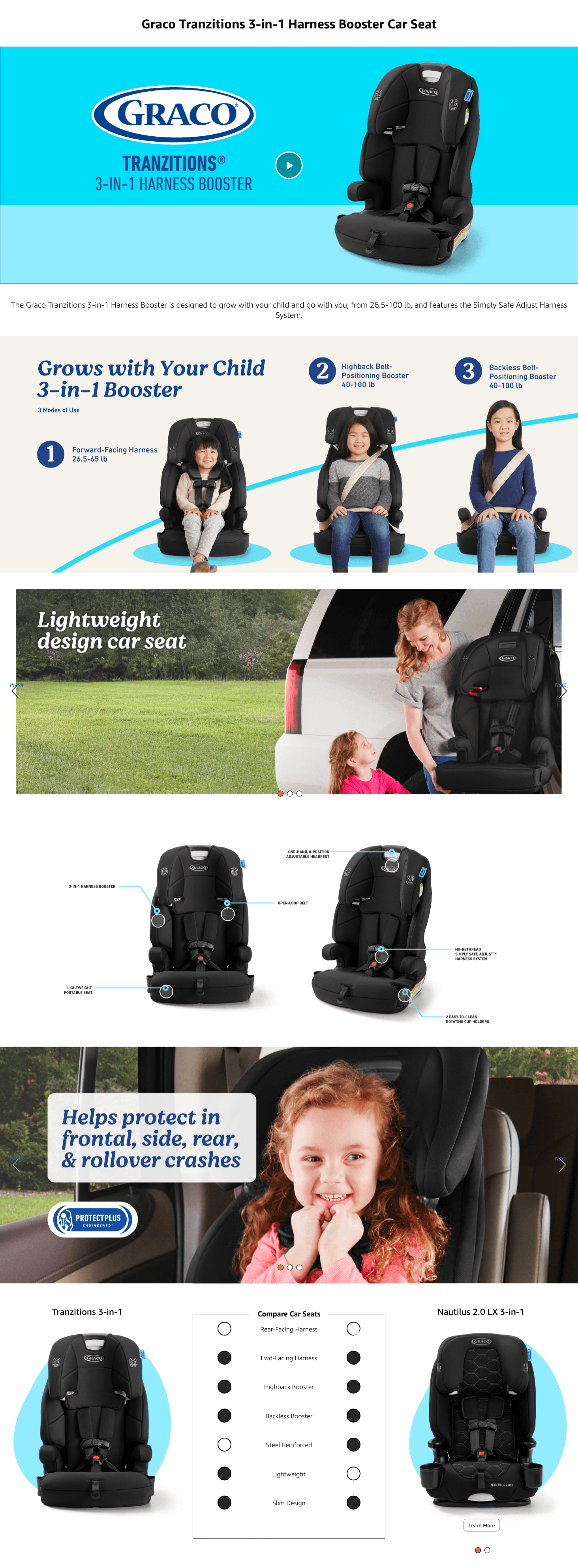 Amazon.com: Graco Tranzitions 3-in-1 Harness Booster Car Seat: A+ Premium