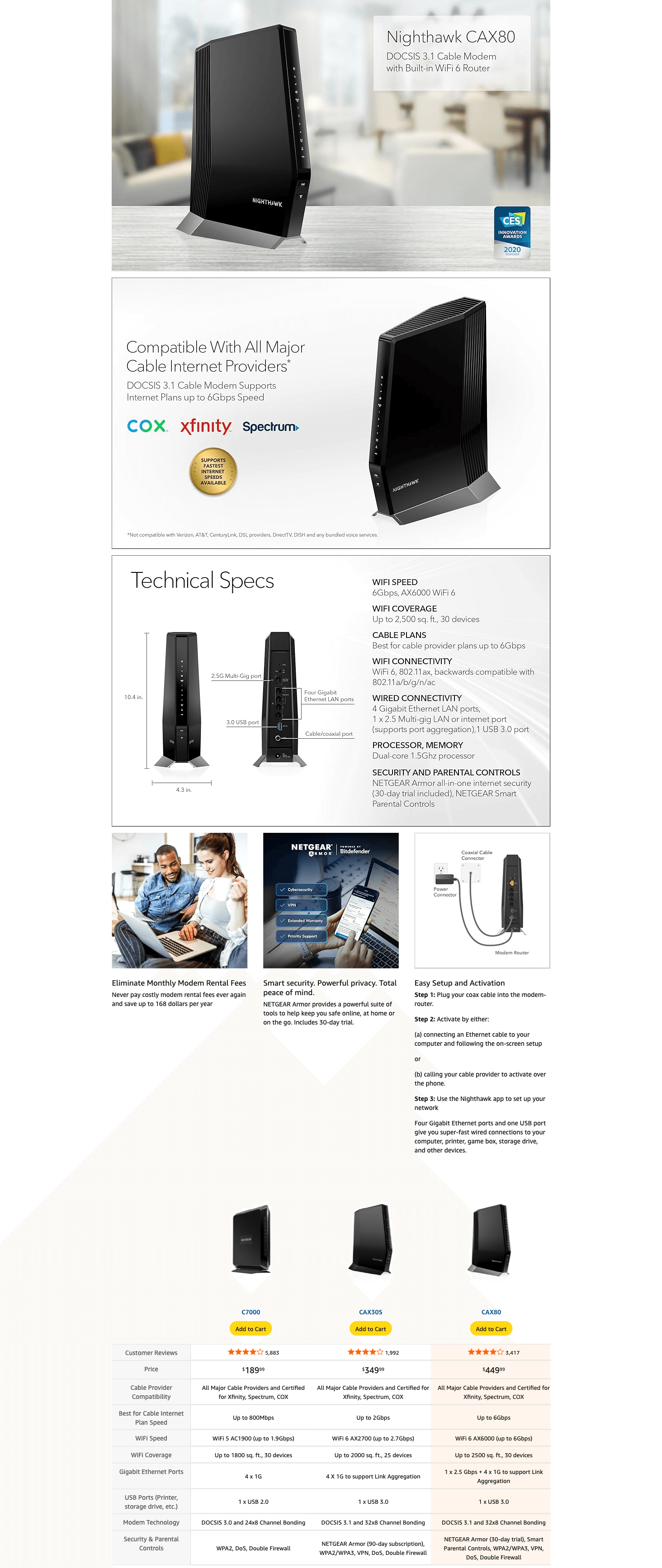 Amazon.com: NETGEAR Nighthawk Cable Modem with Built-in WiFi 6 Router (CAX80): A+ Premium