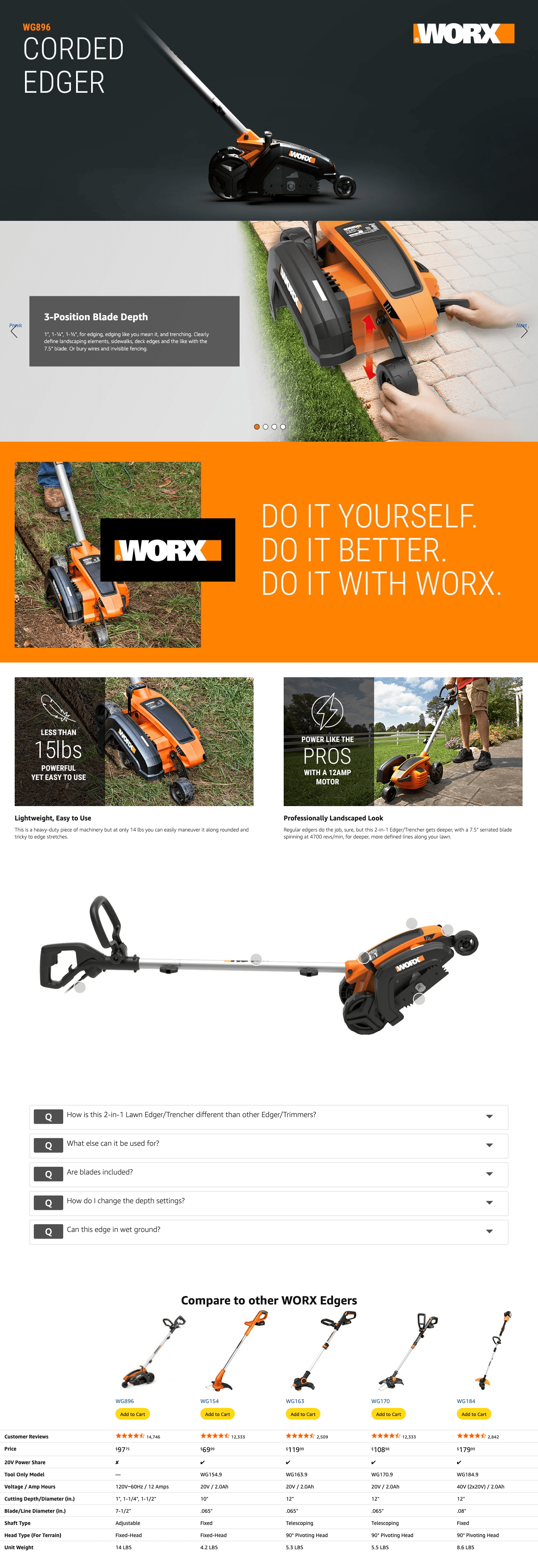Amazon.com: WORX WG896 12 Amp 7.5 Inch Electric Lawn Edger & Trencher: A+ Premium