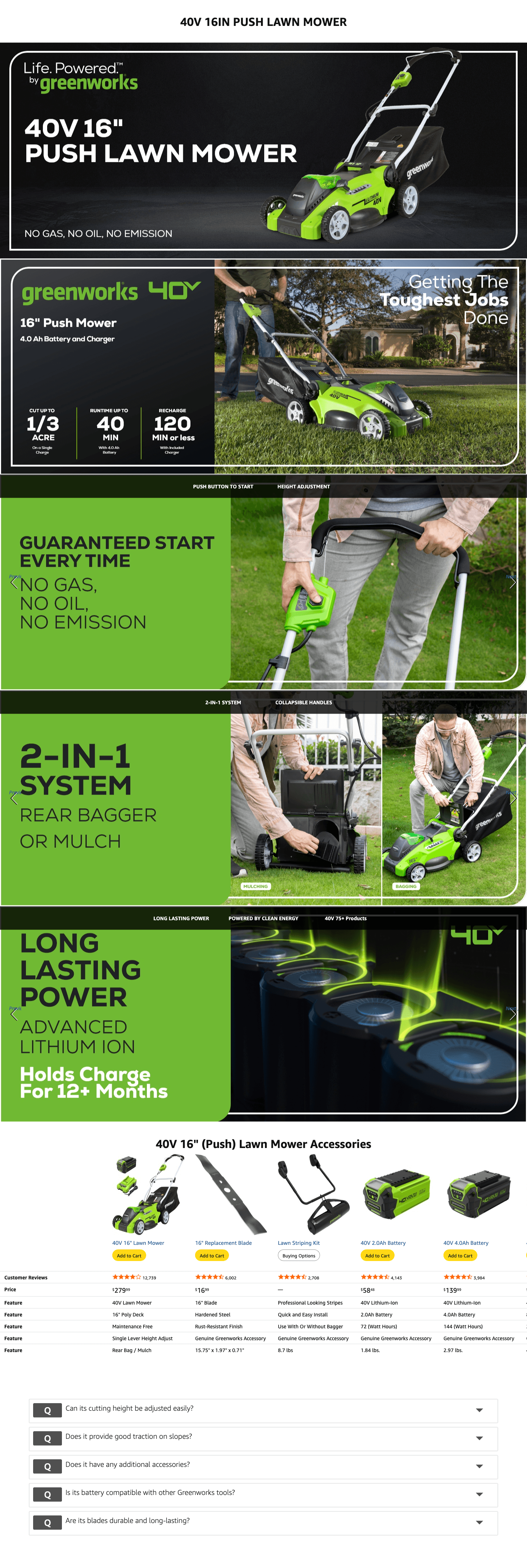 Amazon.com : Greenworks 40V 16" Cordless Lawn Mower: A+ Premium