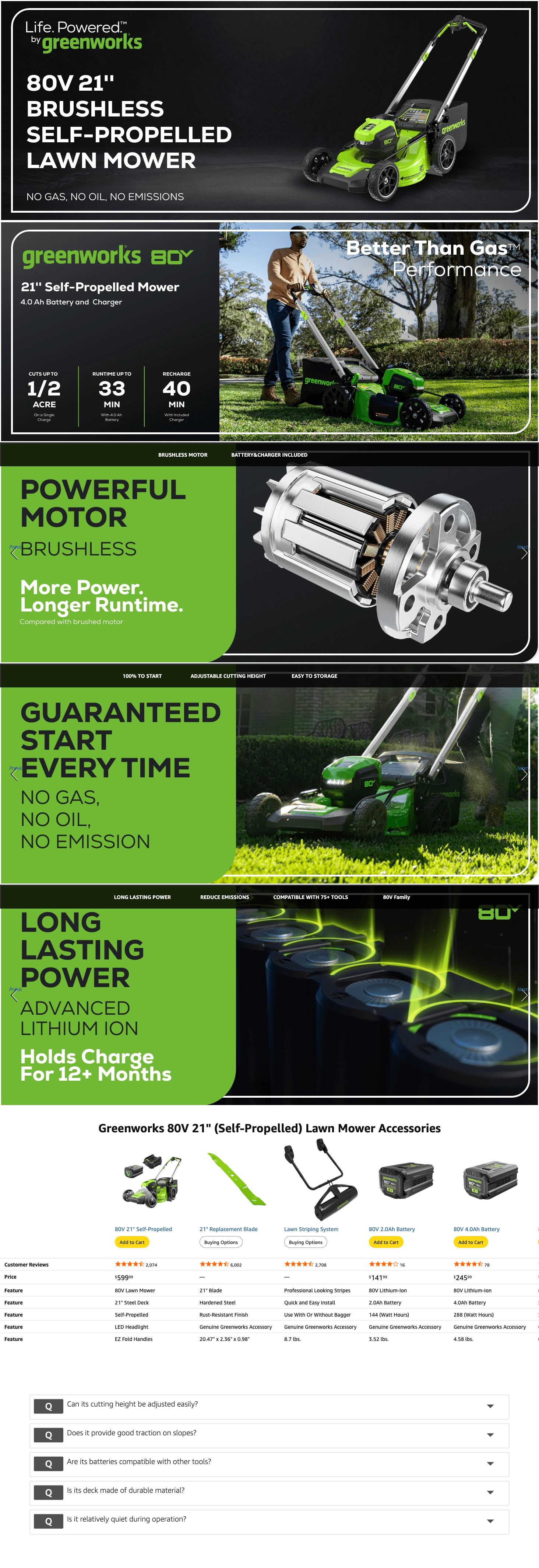 Amazon.com : Greenworks 80V 21" Self-Propelled Cordless Lawn Mower: A+ Premium