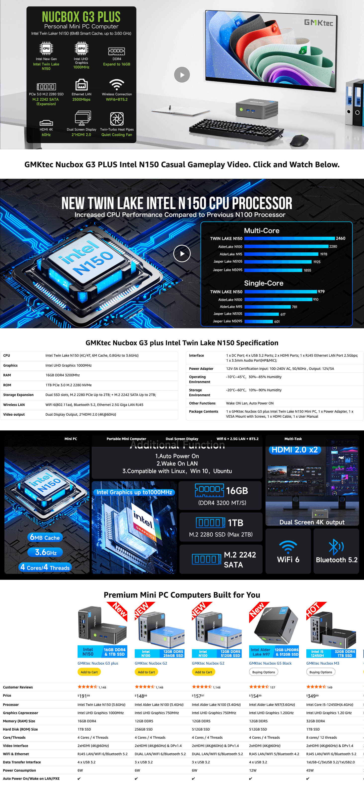 Amazon.com: GMKtec Mini PC Intel N150 (Turbo 3.6GHz) 16GB DDR4 1TB PCIe M.2 NVMe SSD: A+ Premium