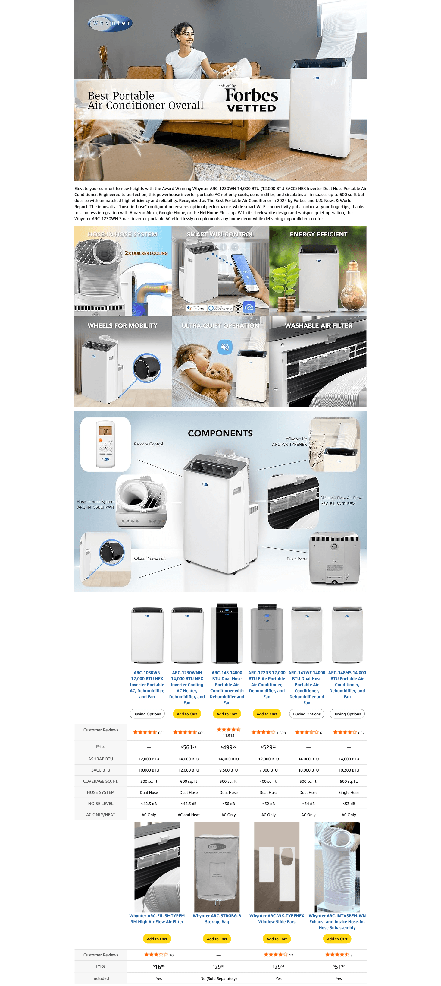 Amazon.com: Whynter Inverter Portable Air Conditioner 14,000 BTU with Dual Hose: A+ Premium