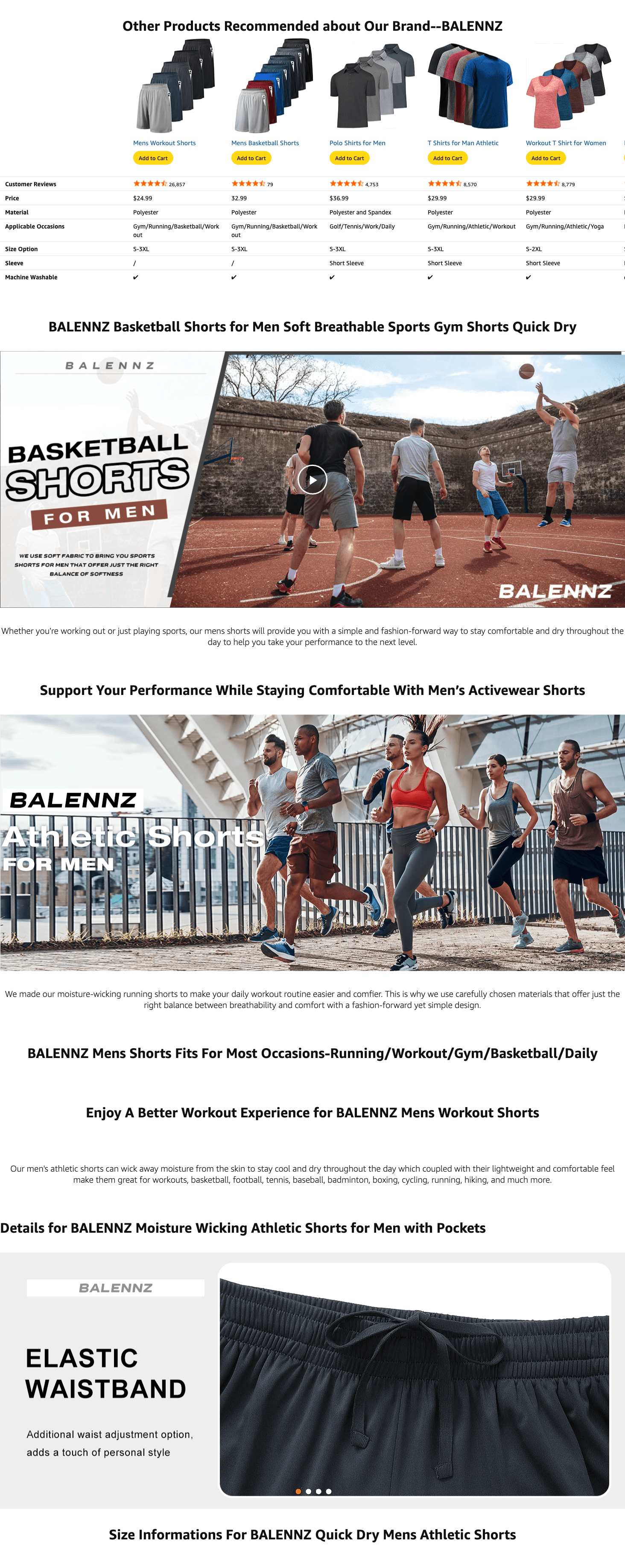 BALENNZ Athletic Shorts for Men with Pockets and Elastic Waistband Quick Dry Activewear…: A+ Premium