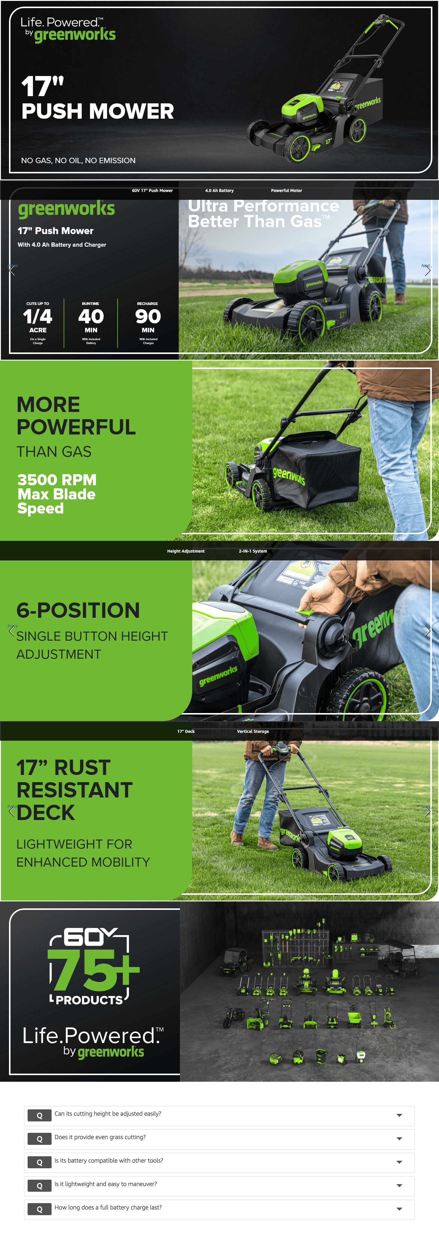 Amazon.com : Greenworks 60V 17" Brushless Cordless Push Lawn Mower: A+ Premium