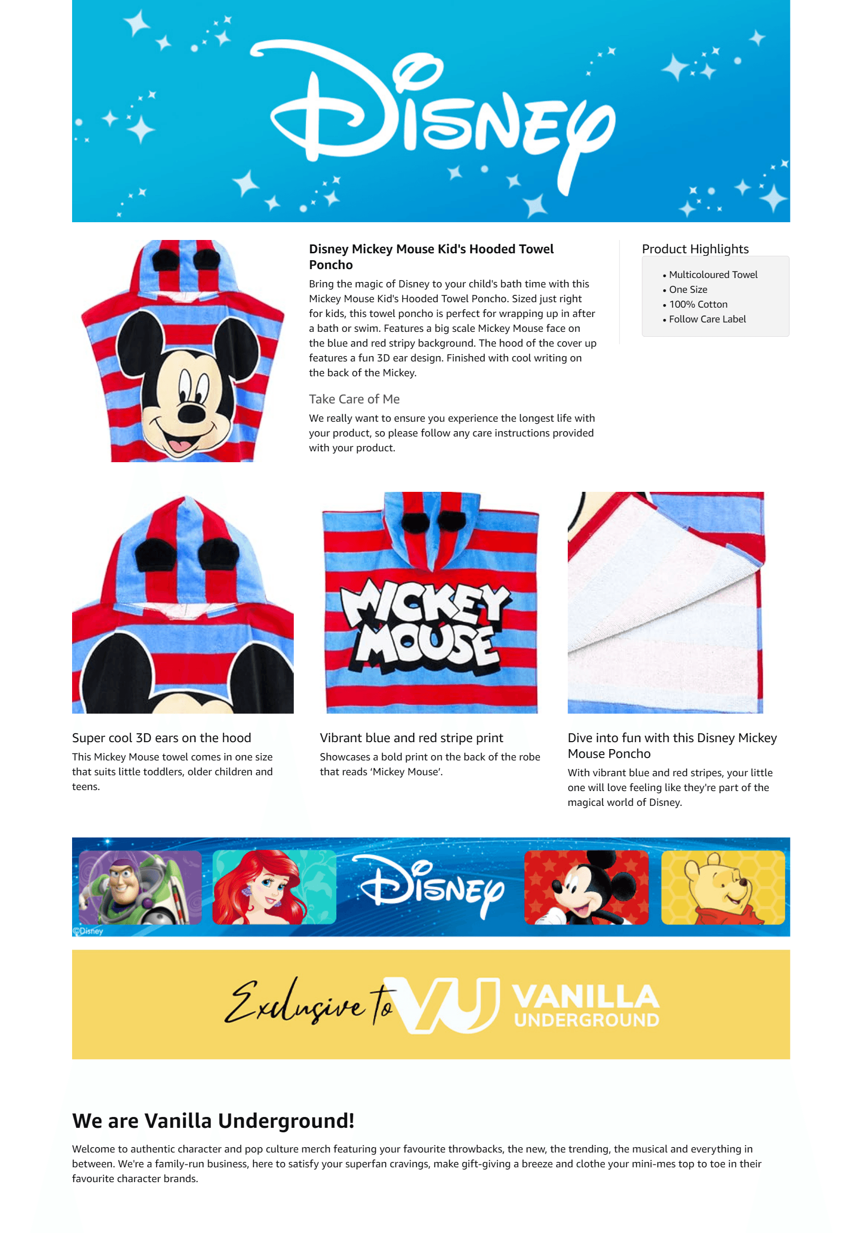 A+ Premium for Disney Mickey Mouse 3D Ears Poncho Towel for Kids
