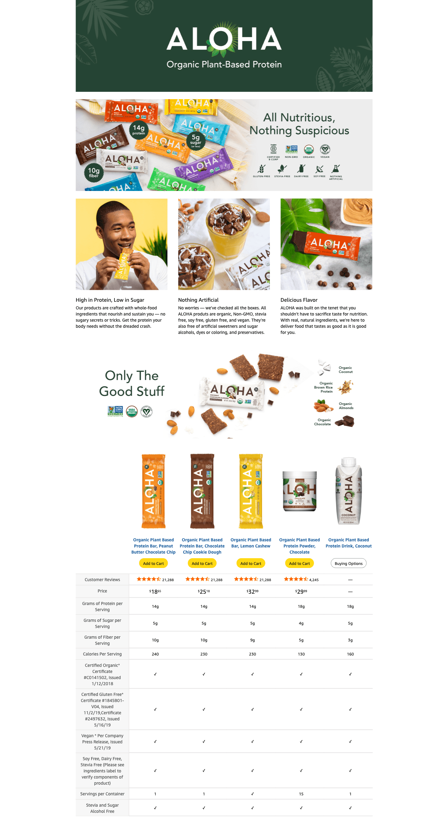 Amazon.com: ALOHA Organic Plant Based Protein Bars: A+ Premium