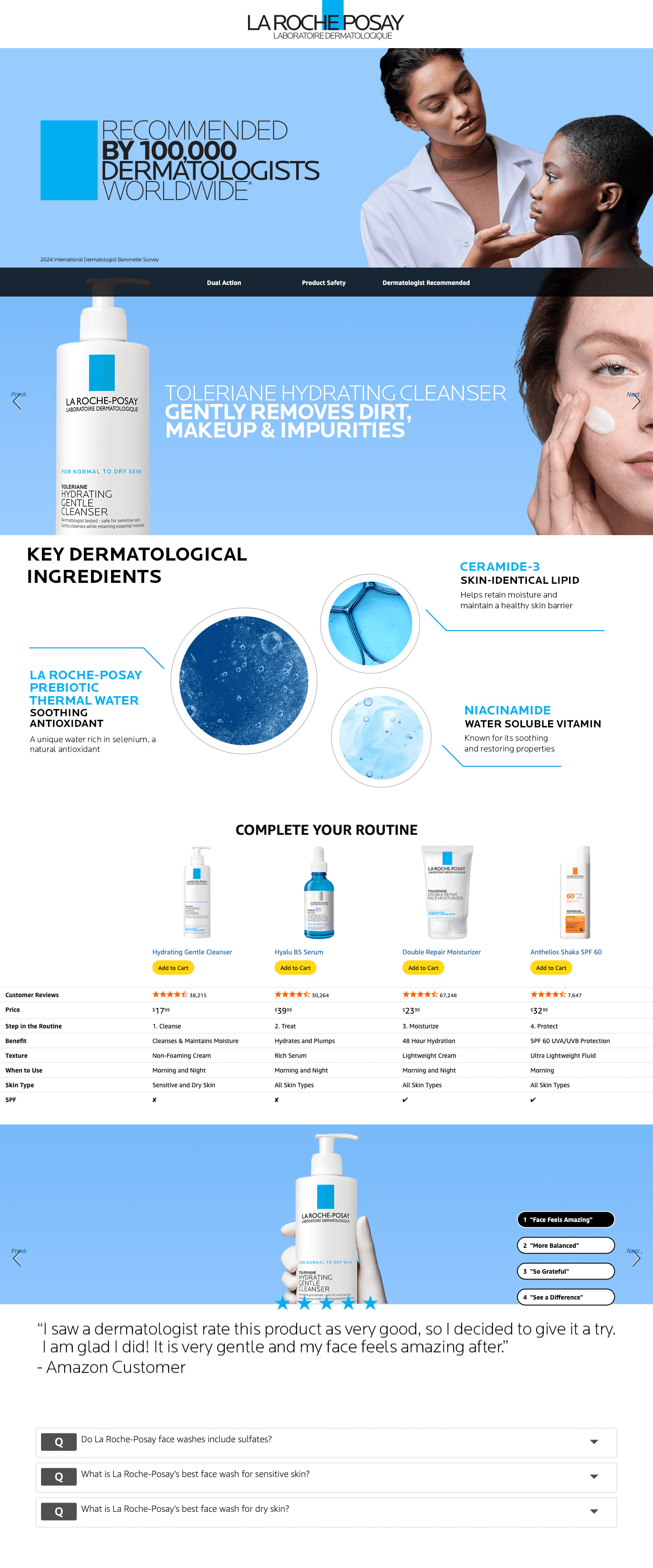 A+ Premium for Amazon.com: La Roche-Posay Toleriane Hydrating Gentle Face Cleanser