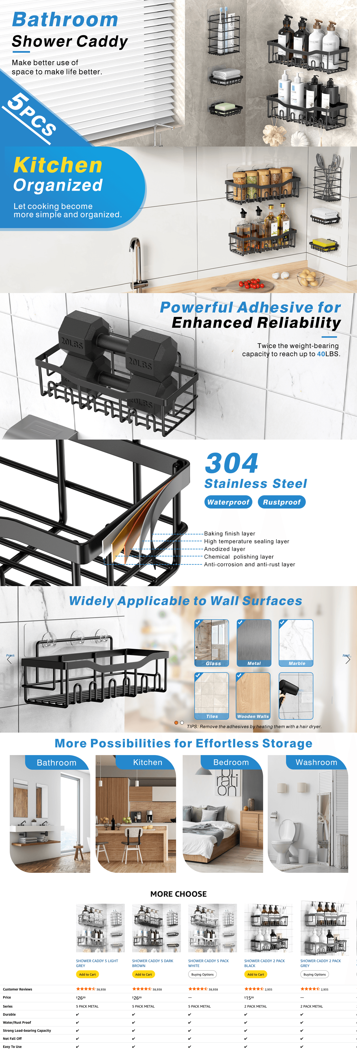 Amazon.com: EUDELE Adhesive Shower Caddy: A+ Premium
