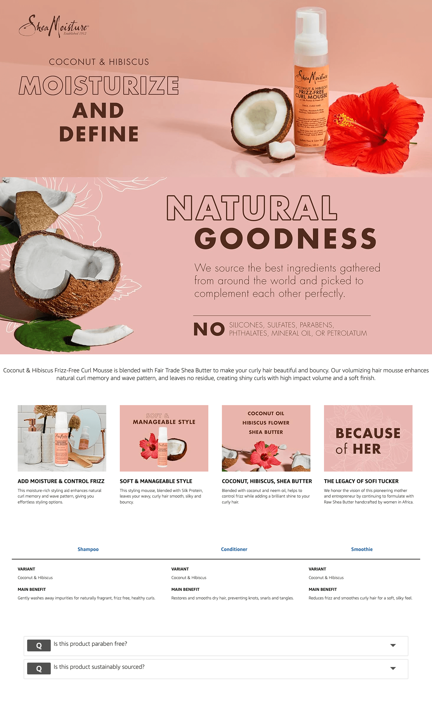 Amazon.com: Shea Moisture Curl Mousse Coconut and Hibiscus for Frizz Control Styling…: A+ Premium