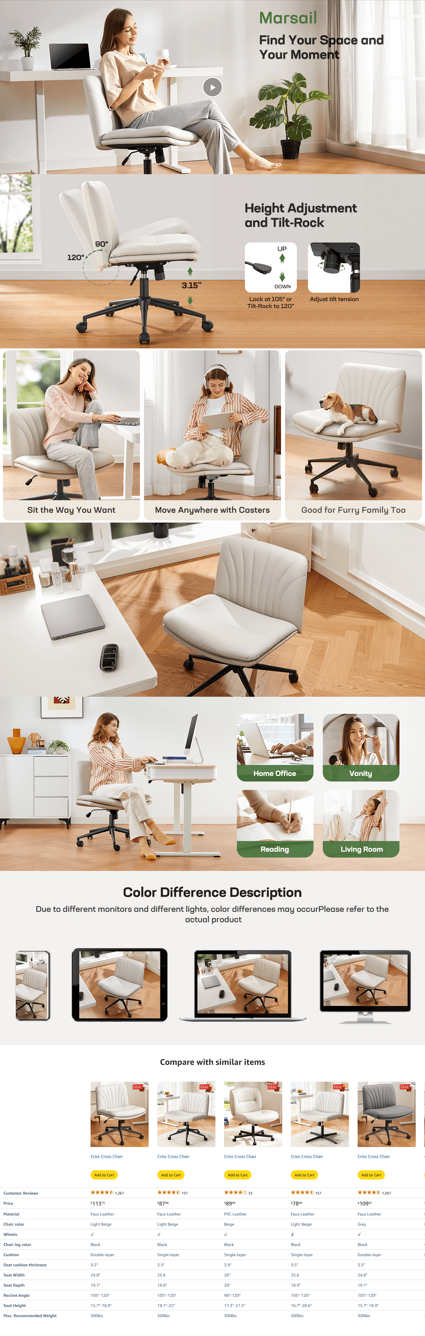 A+ Premium for Amazon.com: Marsail Armless-Office Desk Chair with Wheels: PU Leather Cross Legged Wide…