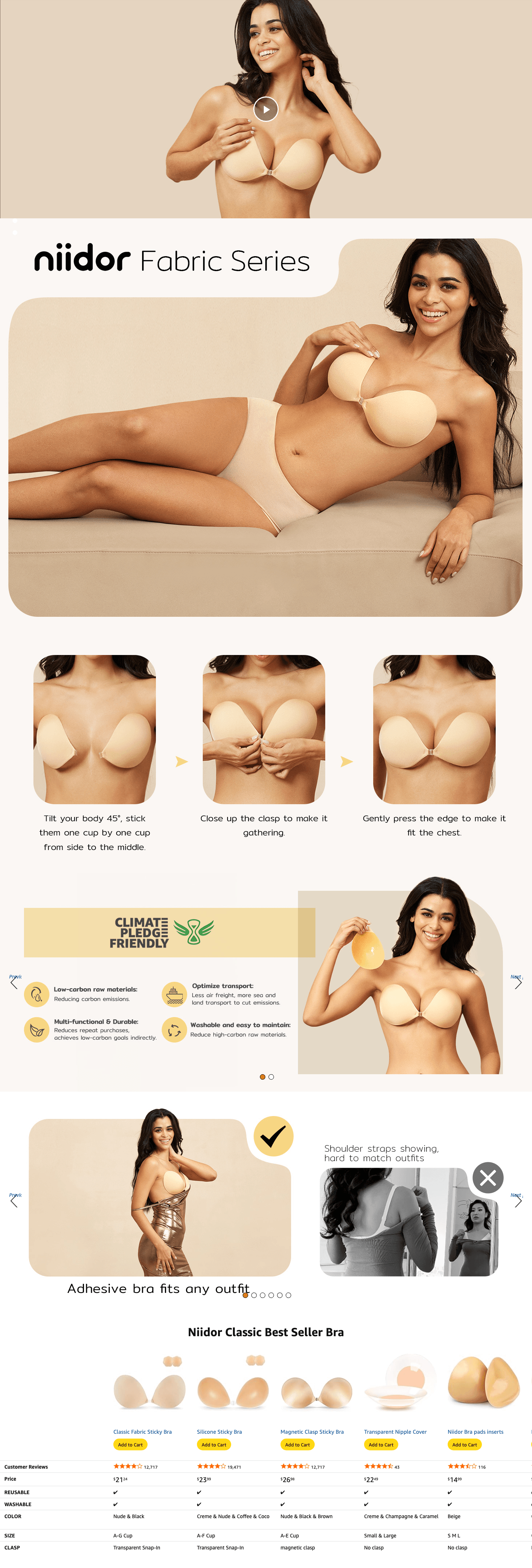 Niidor Strapless Bras for Women Sticky Bra Push Up Invisible Backless Bra with Nipple…: A+ Premium