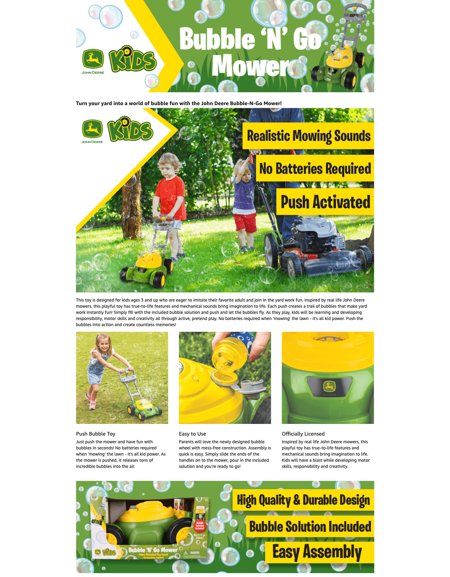 Amazon.com: John Deere Bubble Lawn Mower for Toddlers: A+ Premium