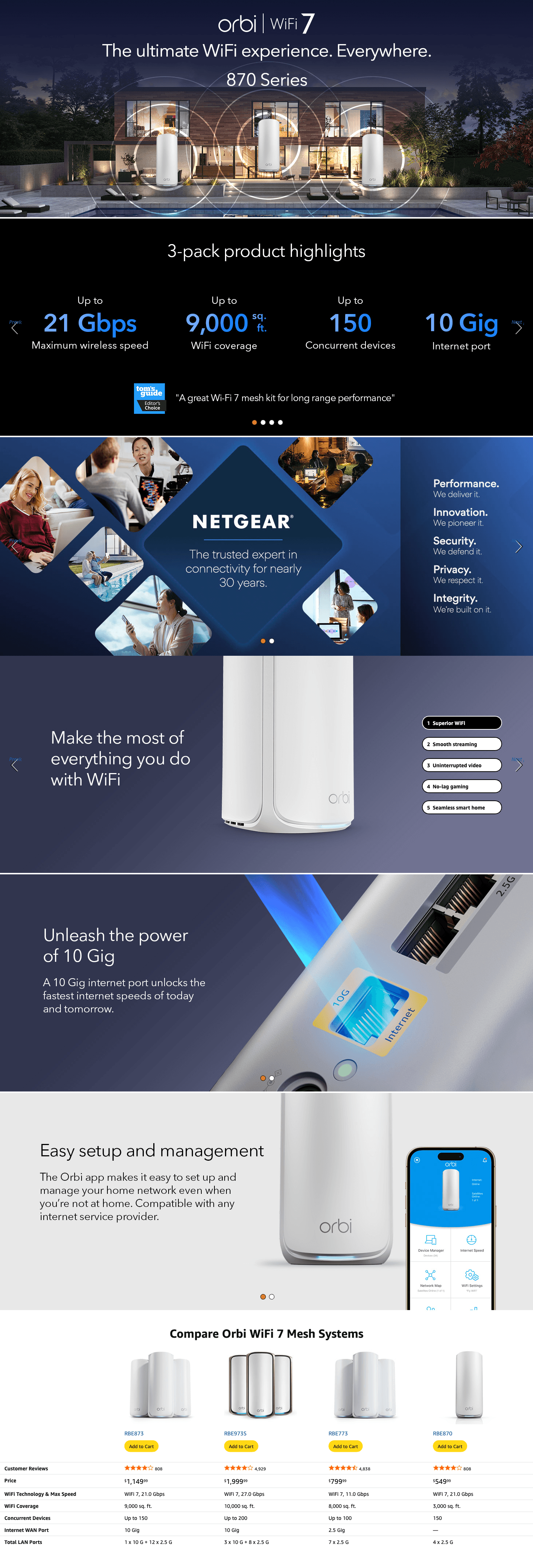 Amazon.com: NETGEAR Orbi 870 Series Tri-Band WiFi 7 Mesh System (RBE873): A+ Premium