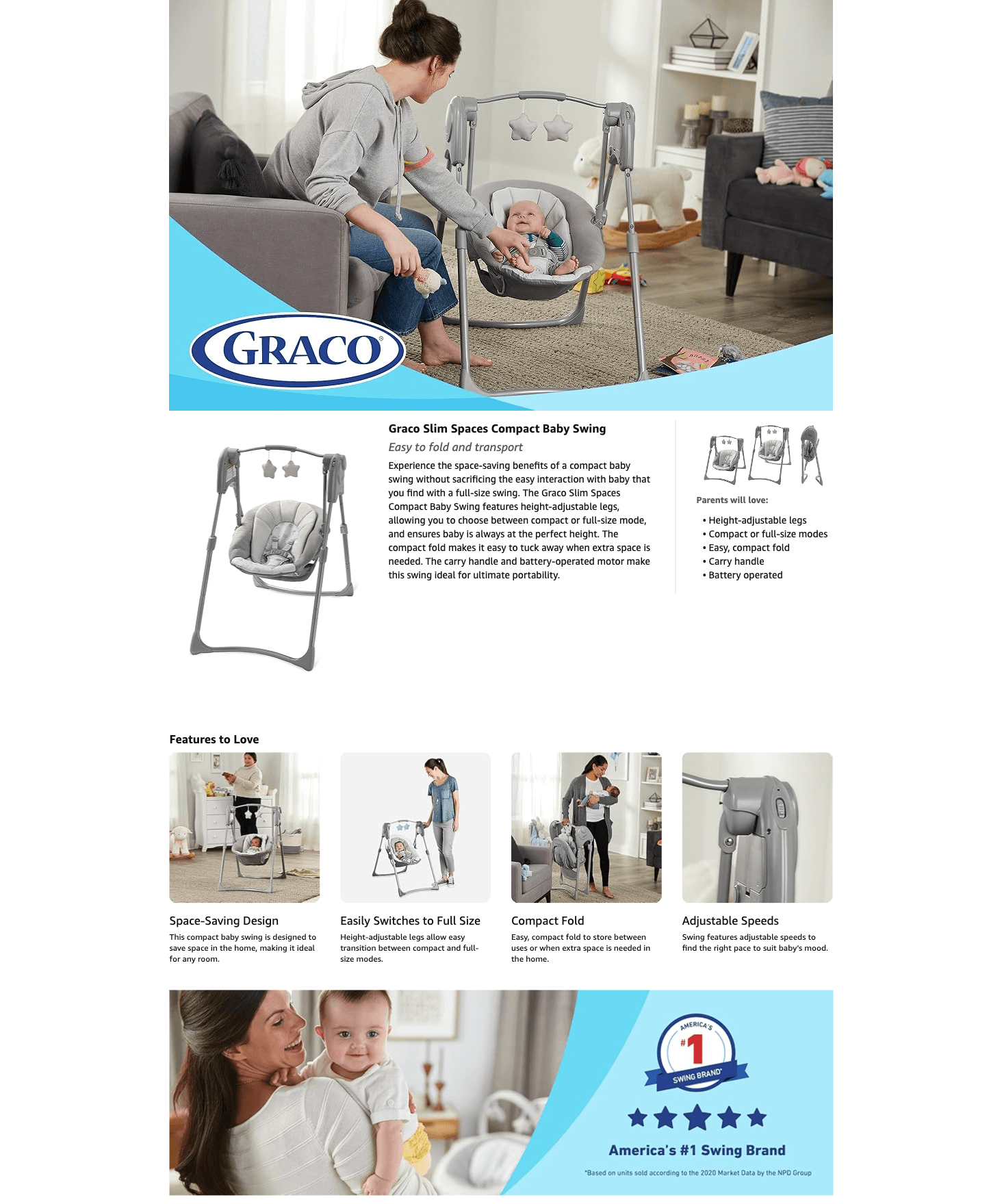 Amazon.com : Graco Slim Spaces Compact Baby Swing: A+ Premium