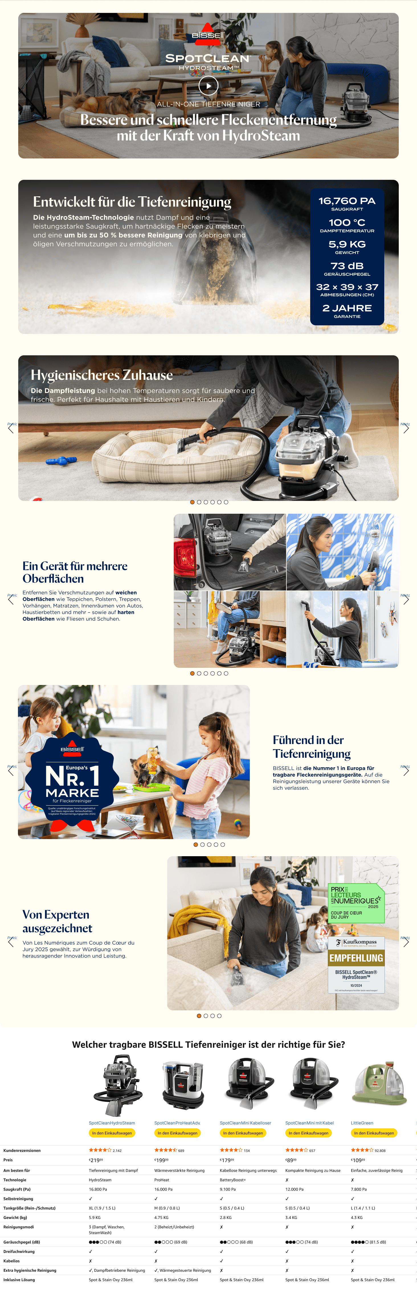 A+ Premium for Amazon.de: BISSELL SpotClean HydroSteam Teppichreiniger & Dampfreiniger 1000W 3689N