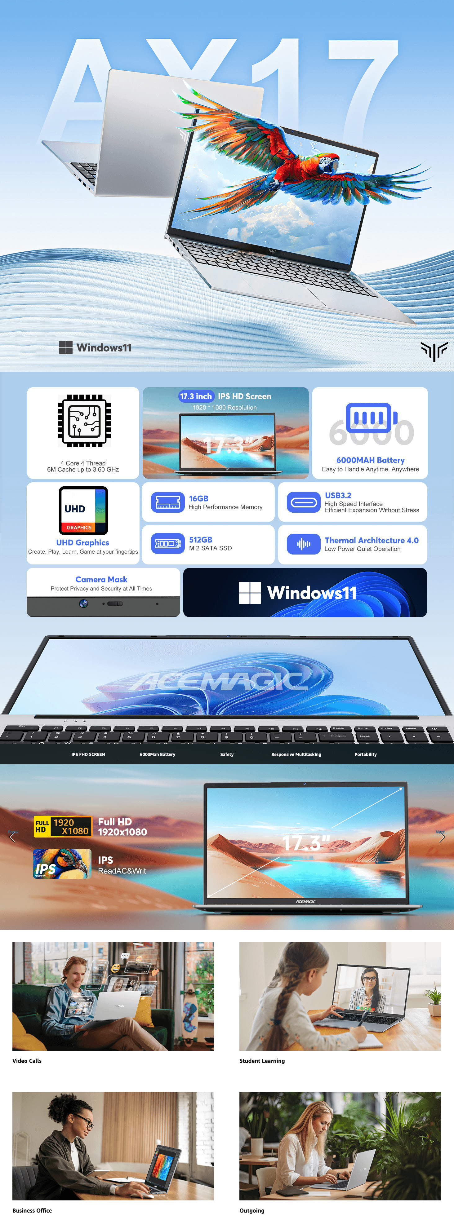 ACEMAGIC 17.3" Laptop with Quad Core-12th Alder Lake N97 Processor: A+ Premium