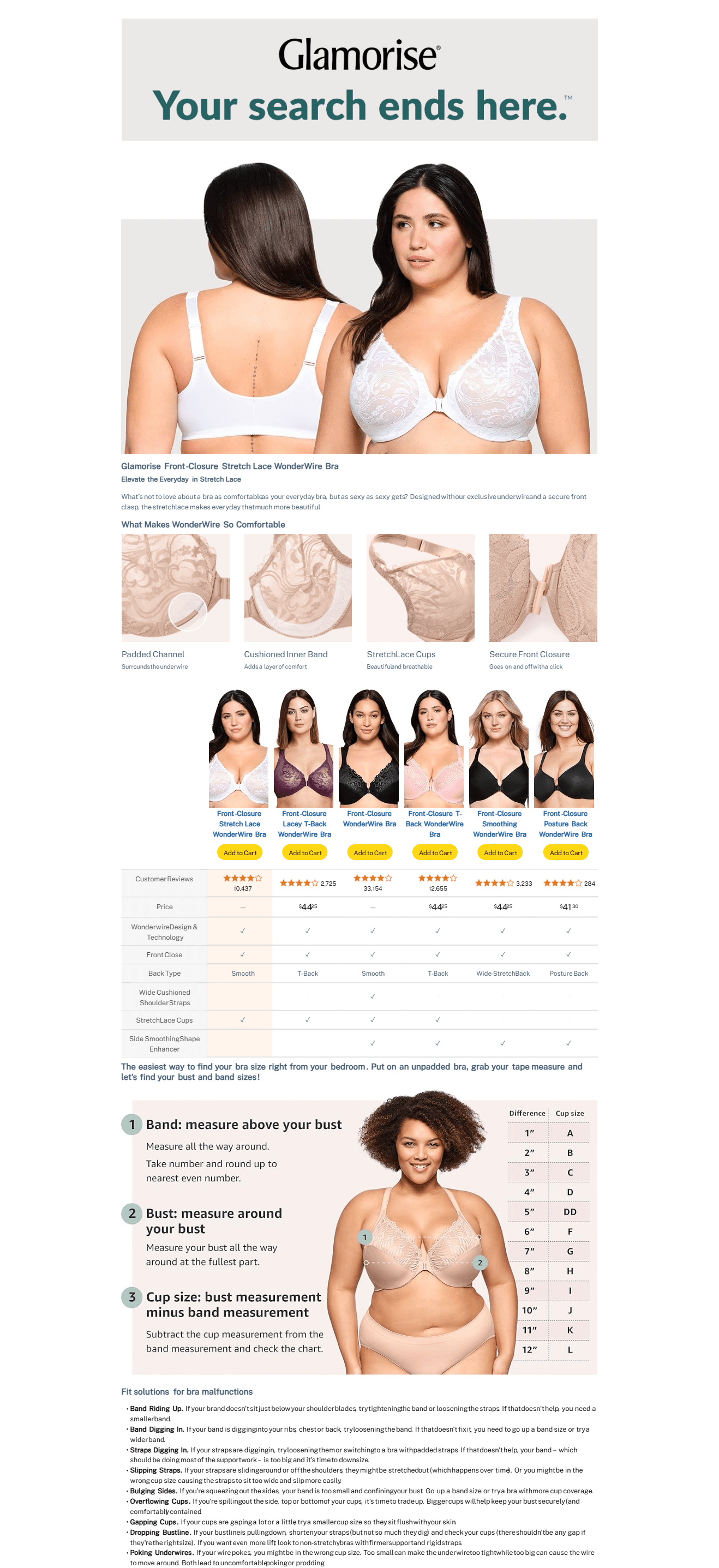 A+ Premium for Full Figure Plus Size Wonderwire Front-Closure Stretch Lace Bra Underwire #9245 Black at…