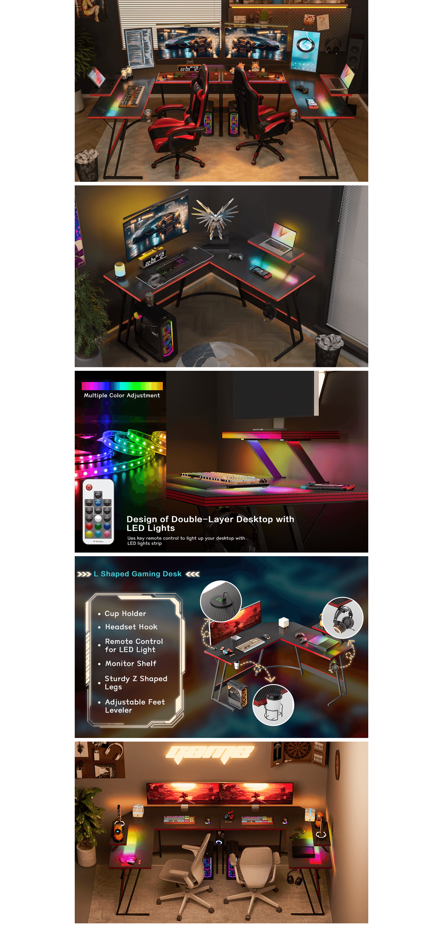 Amazon.com: Shahoo L Shaped Gaming Desk with LED Lights & Power Outlet: A+ Premium