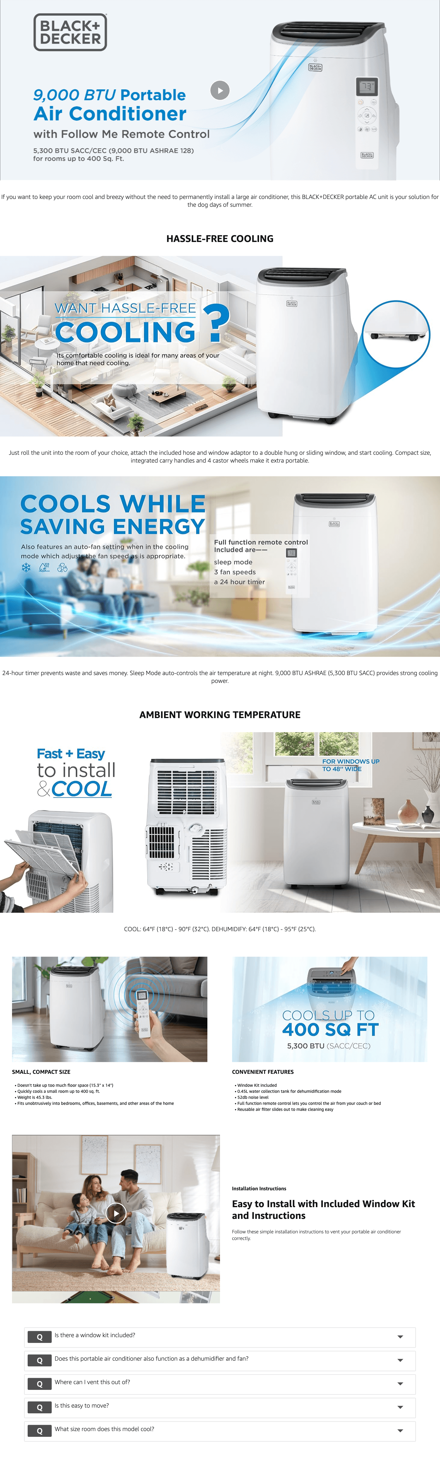 Amazon.com: BLACK+DECKER 8,000 BTU Portable Air Conditioner for Rooms up to 350 Sq. with…: A+ Premium