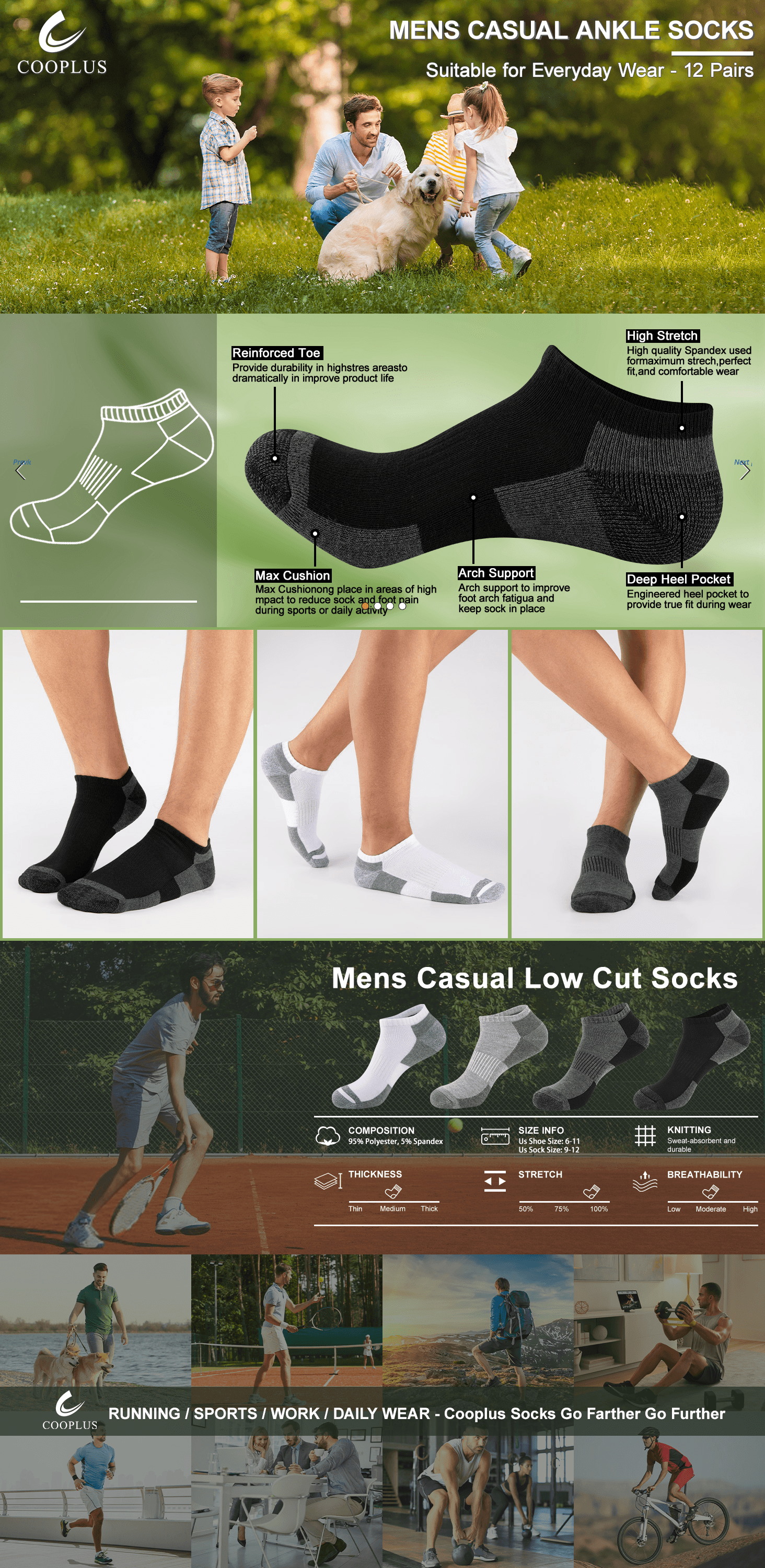 Amazon.com: COOPLUS 12 Pack Mens Cushioned Ankle Socks: A+ Premium