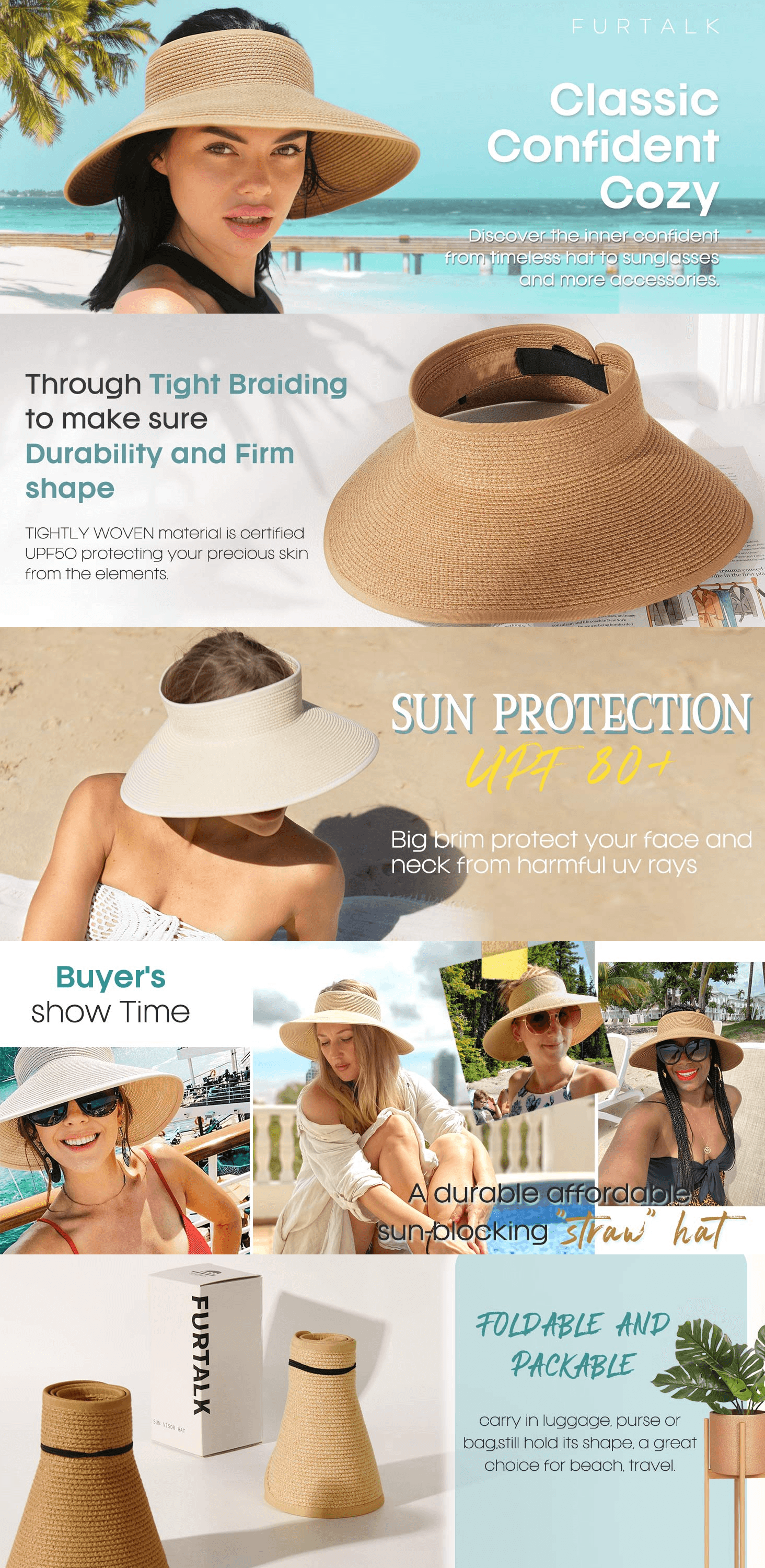 FURTALK Sun Visor Hats for Women Wide Brim Straw Ponytail Summer Beach Hat UV UPF…: A+ Premium