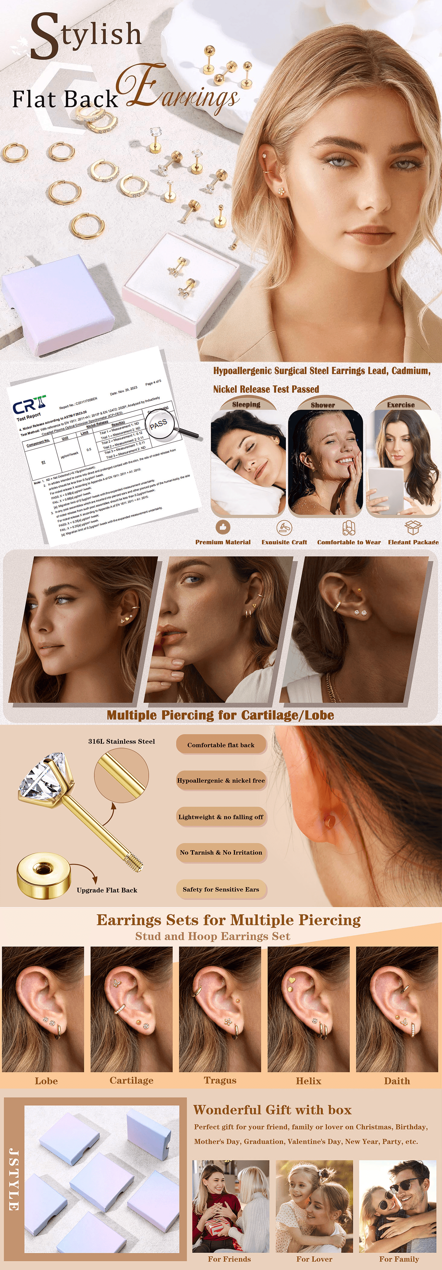 Amazon.com: Jstyle Hypoallergenic Surgical Steel Earrings for Sensitive Ears 14K Gold…: A+ Premium