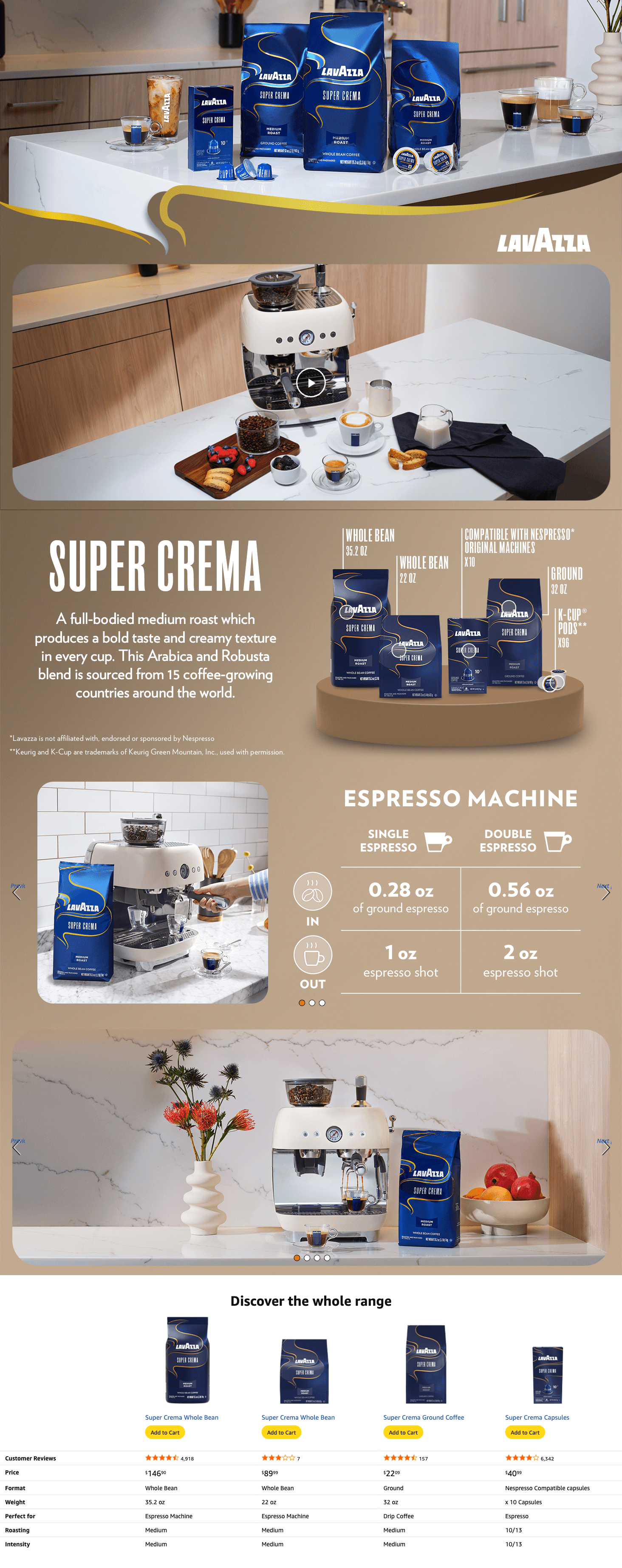 A+ Premium for Amazon.com : Lavazza Super Crema Whole Bean Coffee