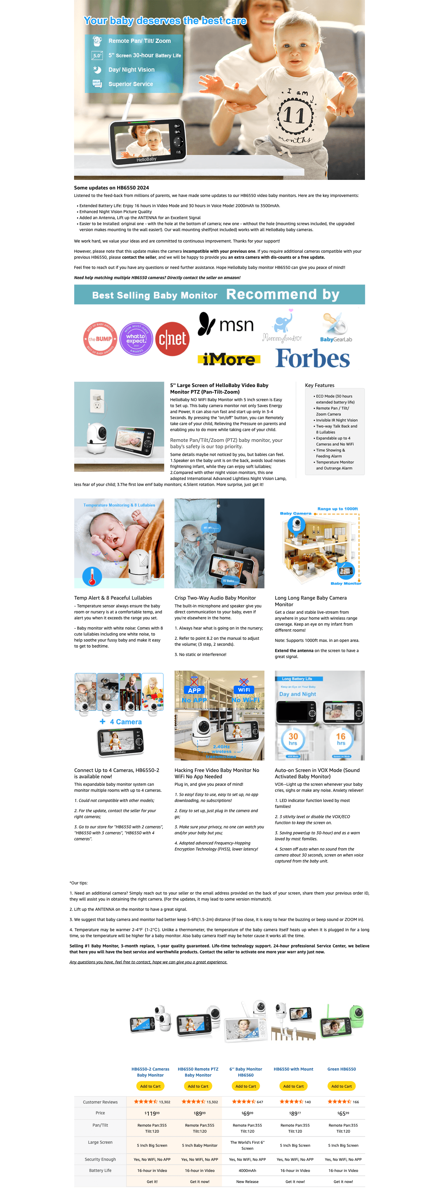 Amazon.com: HelloBaby No WiFi Baby Monitor 5" Screen 30-Hour Battery Pan-Tilt-Zoom Video…: A+ Premium