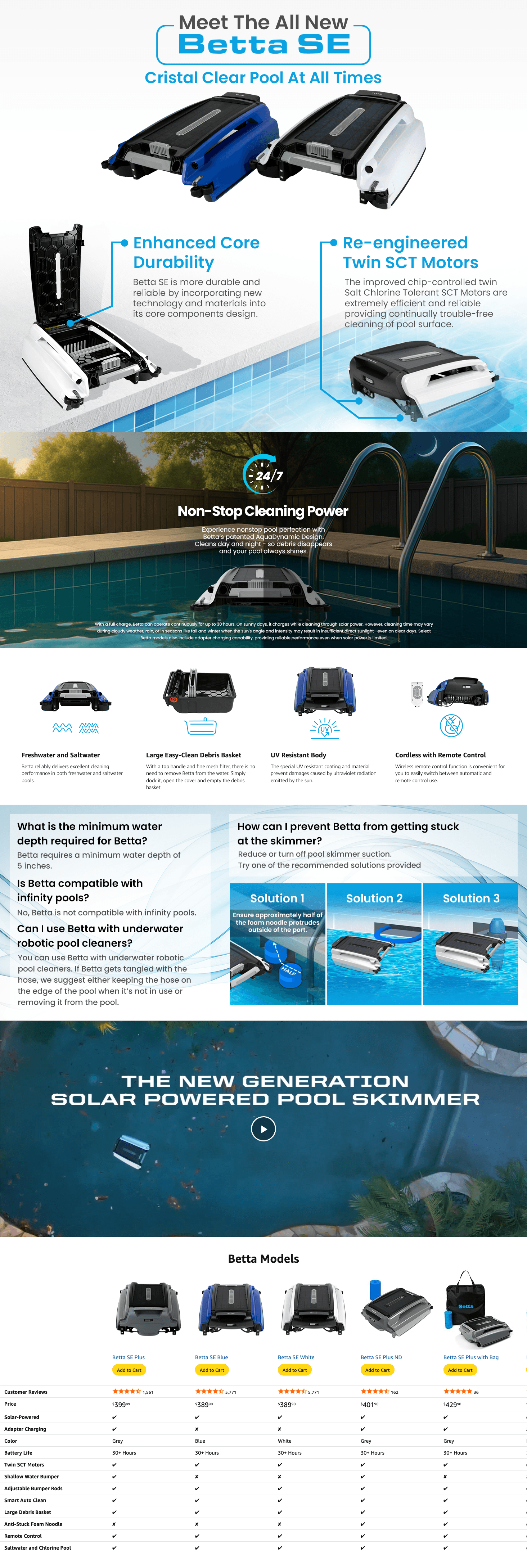 Amazon.com : Betta SE Solar Powered Automatic Robotic Pool Surface Skimmer Cleaner with…: A+ Premium