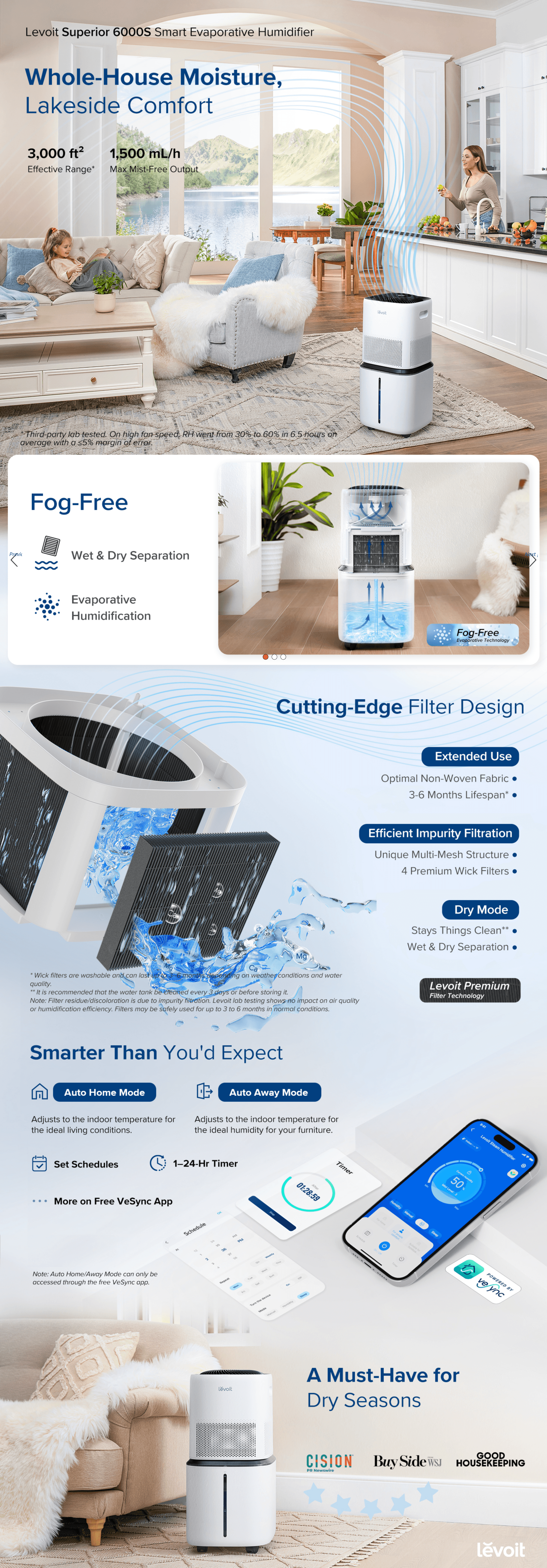 A+ Premium for Amazon.com: LEVOIT Superior 6000S Smart Evaporative Humidifiers for Home Whole House up…
