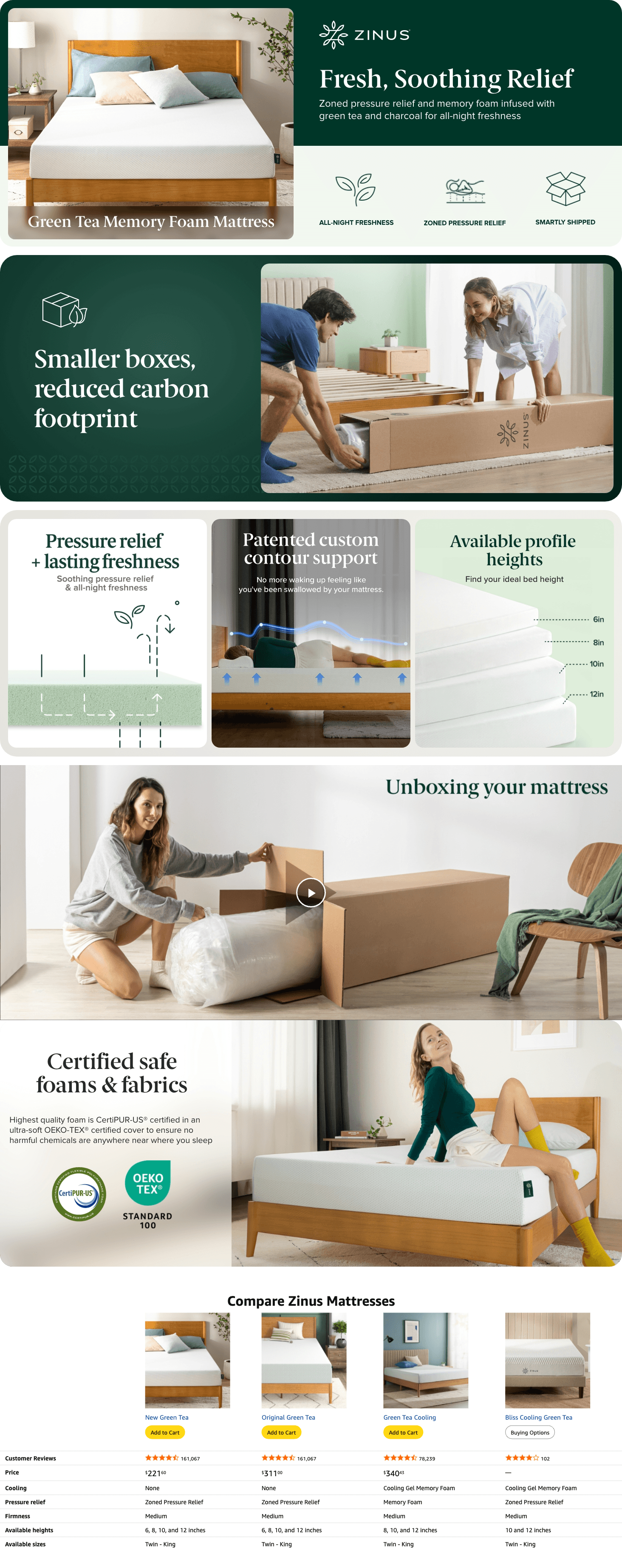 Amazon.com: ZINUS 12 Inch Green Tea Memory Foam Mattress [New Version]: A+ Premium