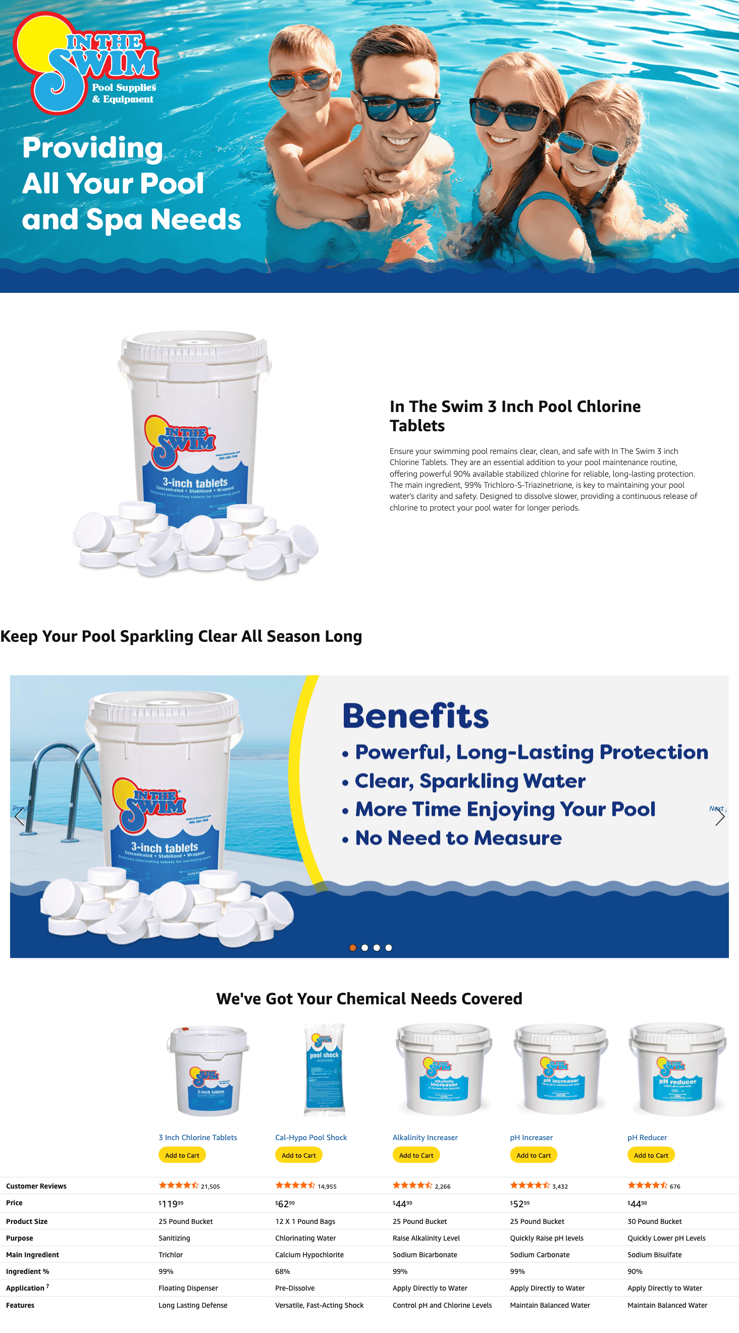 Amazon.com : In The Swim 3 Inch Stabilized Chlorine Tablets for Sanitizing Swimming Pools: A+ Premium
