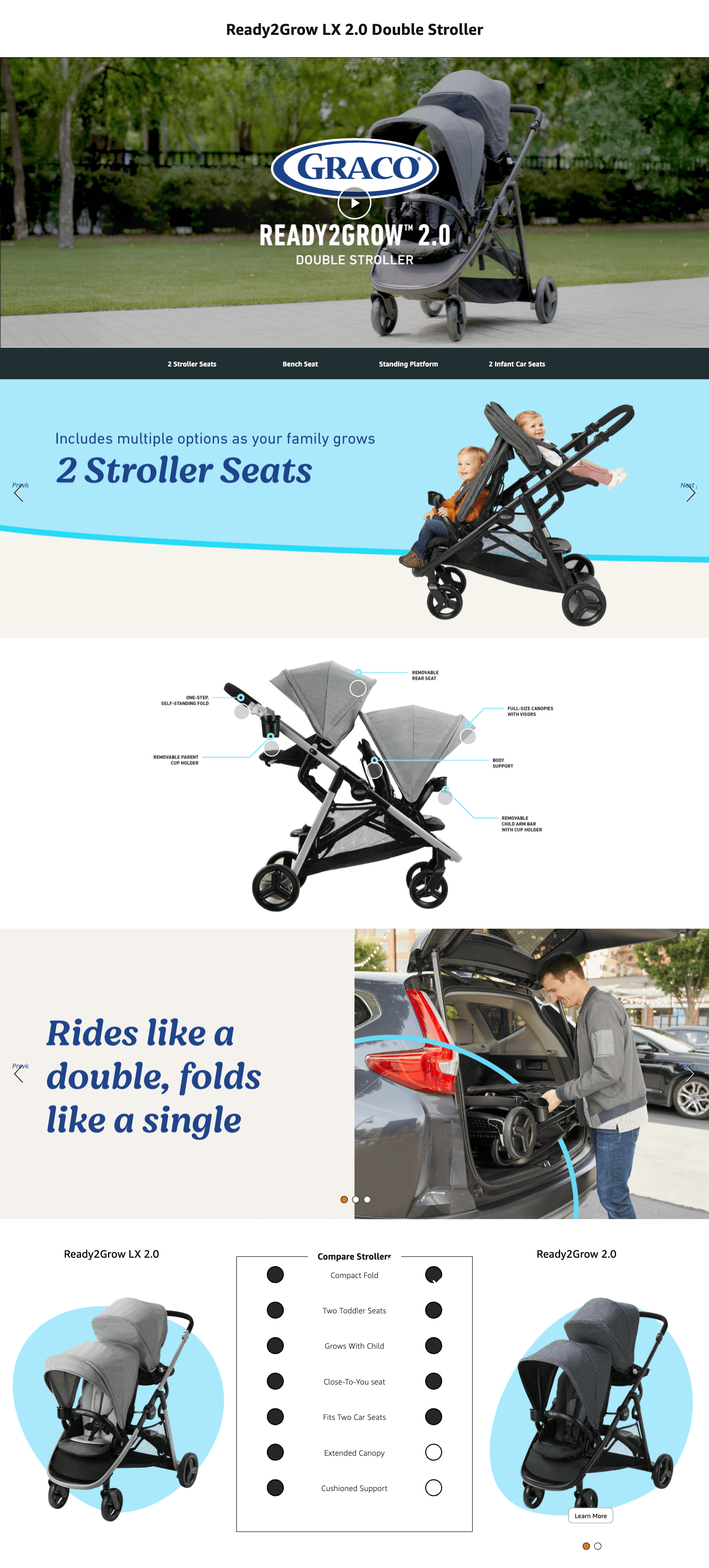 Amazon.com: Graco Ready2Grow LX 2.0 Double Stroller Features Bench Seat and Standing…: A+ Premium