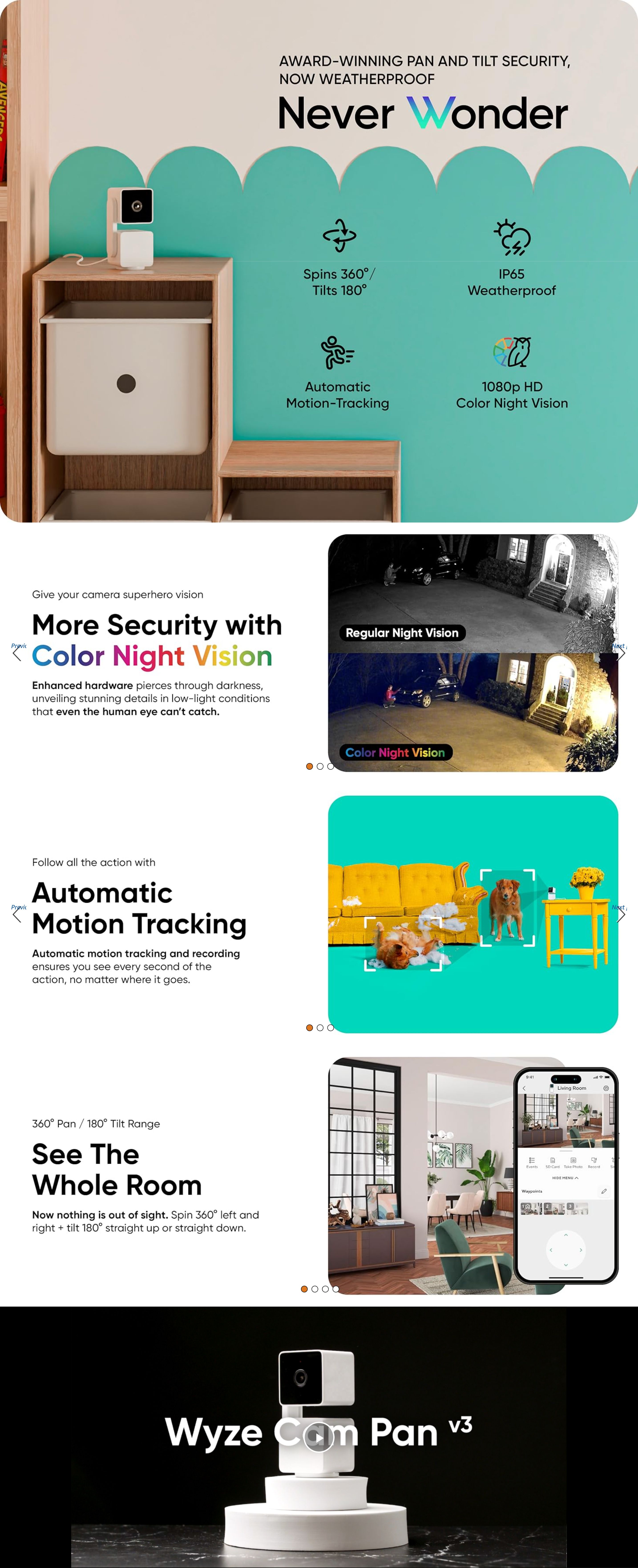 Amazon.com : WYZE Cam Pan v3 Indoor/Outdoor IP65 1080P 360° Pan/Tilt/Zoom Wi-Fi Smart…: A+ Premium