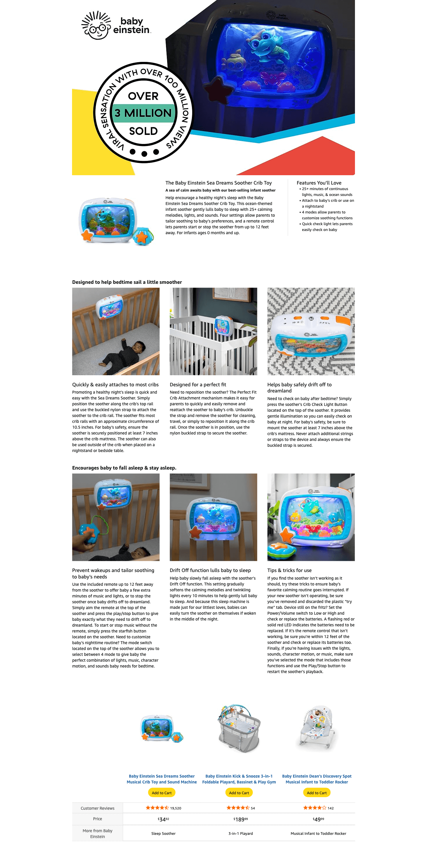 Amazon.com : Baby Einstein Sea Dreams Soother Musical Crib Toy and Sound Machine: A+ Premium
