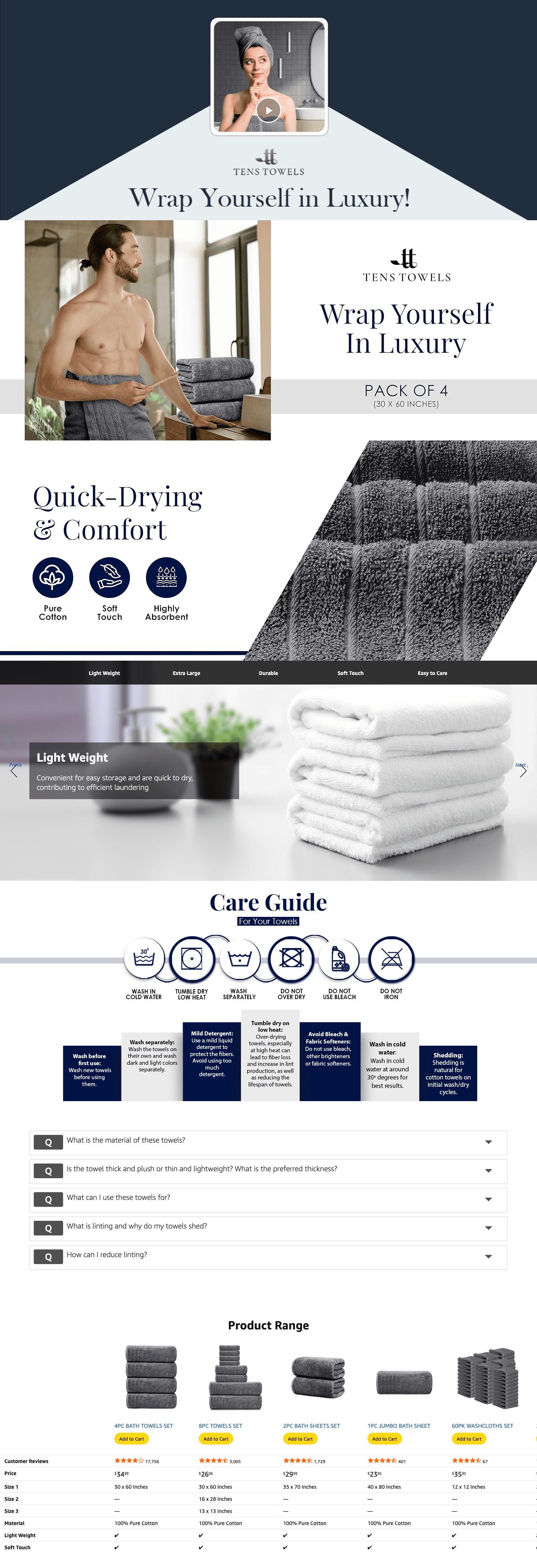 Amazon.com: Tens Towels Pack of 4 Extra Large Bath Towels 30 x 60 Inches: A+ Premium