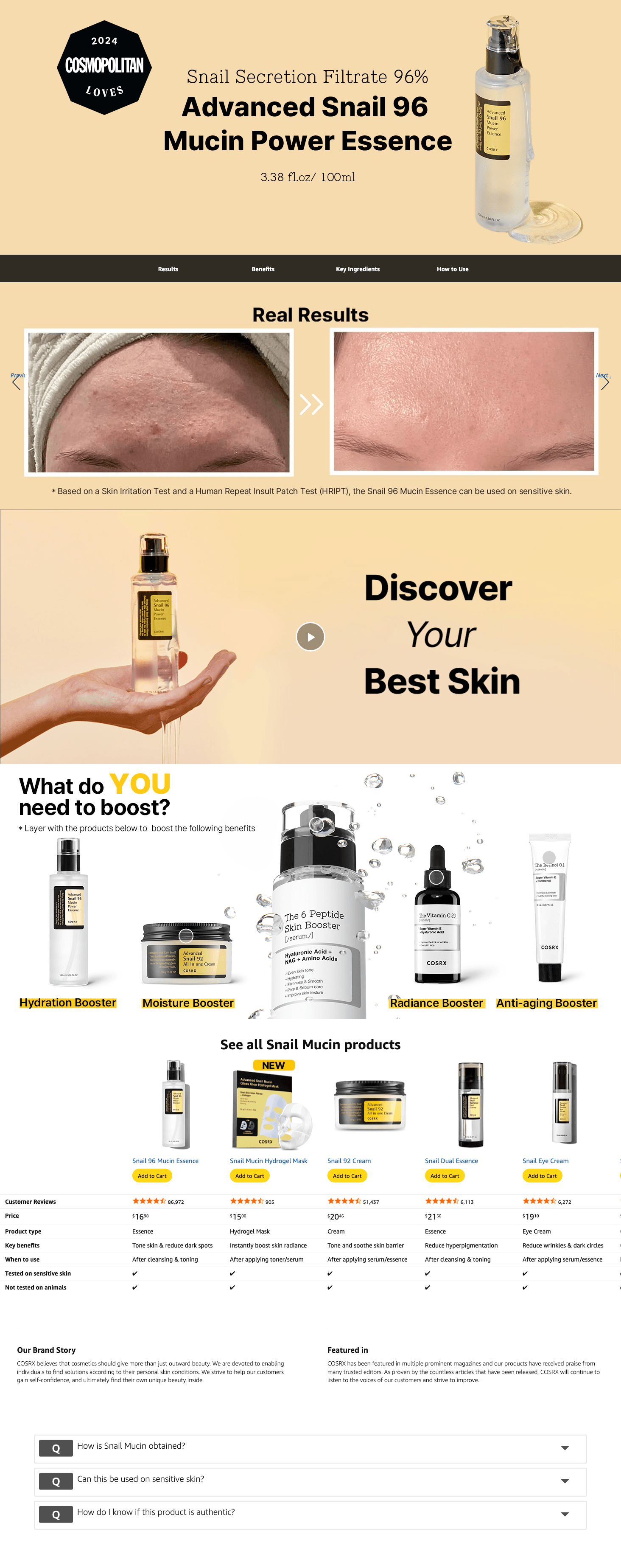 A+ Premium for Amazon.com: COSRX Snail Mucin 96% Power Repairing Essence 3.38 fl.oz 100ml
